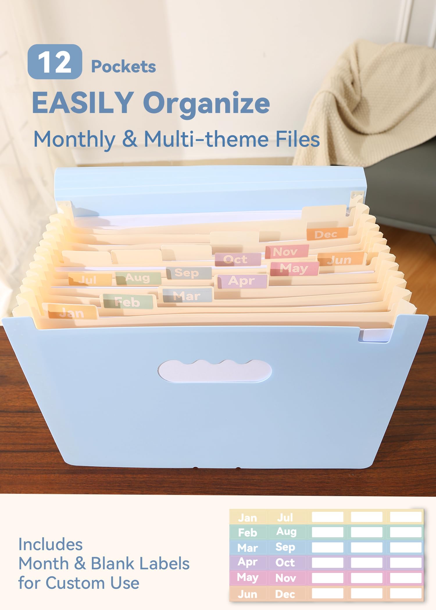 12-Pocket Accordion File Organizer for Monthly Bills, Receipts & Taxes | Expanding File Folder with Large Bright Tabs | Fits Letter/A4 Size | Perfect for Home Office & Small Business Organization (Blue)