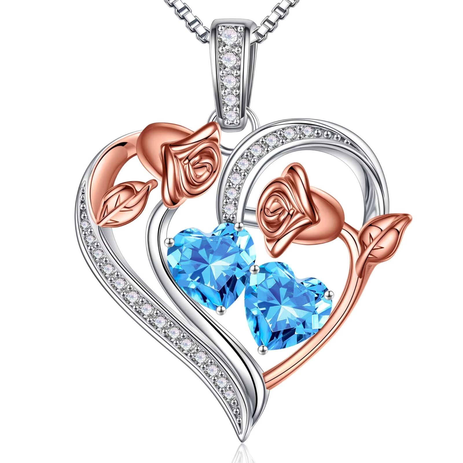 925 Sterling Silver Rose Heart Necklace with Birthstone - Romantic Valentines Day Gifts for Her, Anniversary & Birthday Jewelry for Women, Wife, Girlfriend - Perfect for Date Nights & Special Occasions