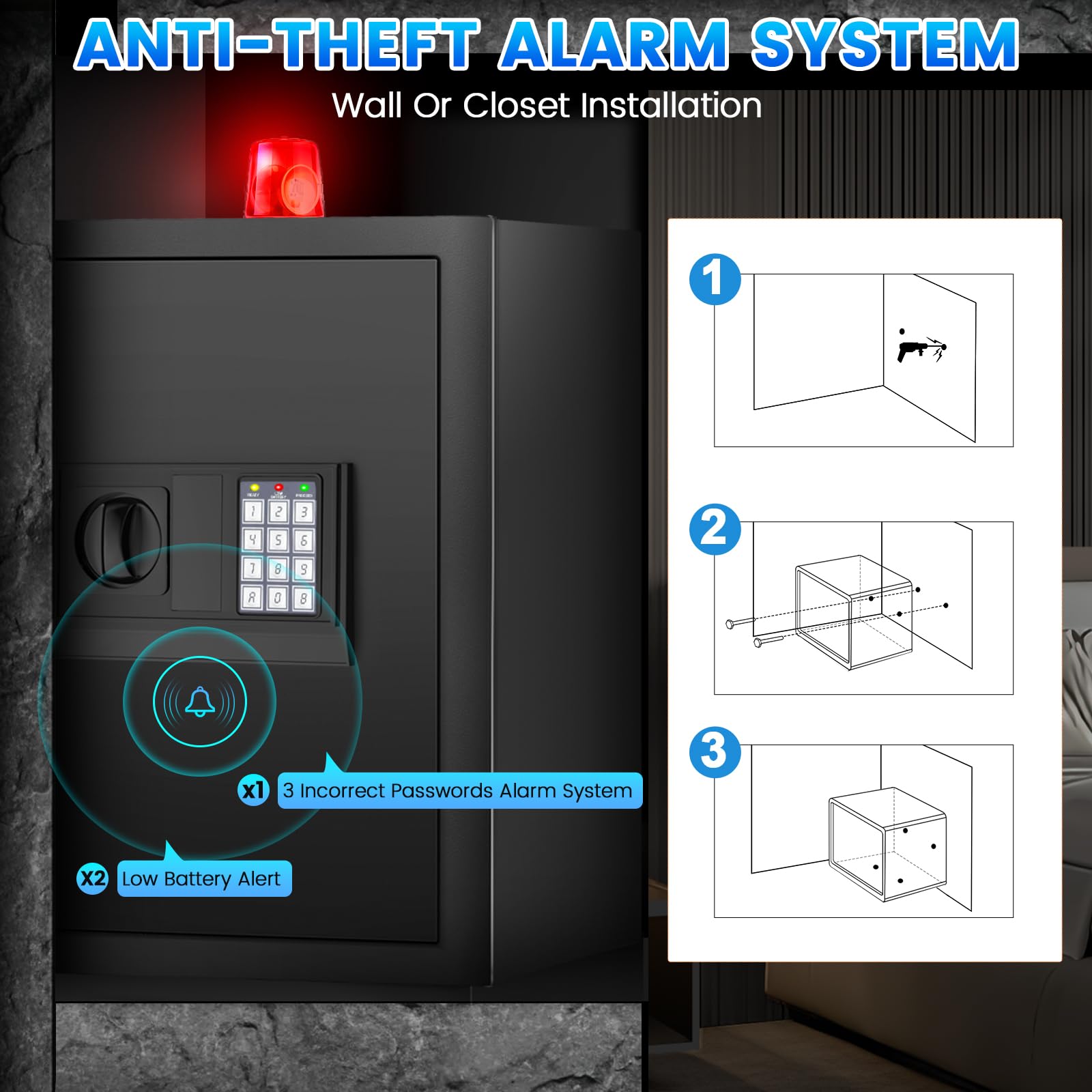3.3 Cu Ft Fireproof & Waterproof Home Safe Box - Digital Security Lock with Smart Alert System, Anti-Theft Protection for Money & Jewelry - Removable Shelf & Mute Function - Ideal for Home, Office & Travel Use