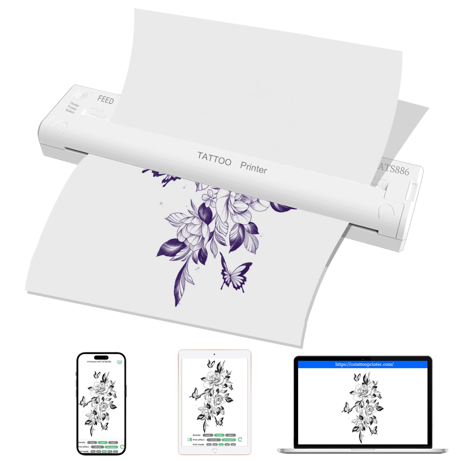 YILONG Wireless Bluetooth Tattoo Stencil Printer - Portable Thermal Transfer Machine for Tattoo Artists & Beginners | Compatible with Android, iOS & PC (ATS886-White) | Perfect for Tattoo Studio, Home Practice & Professional Design Work