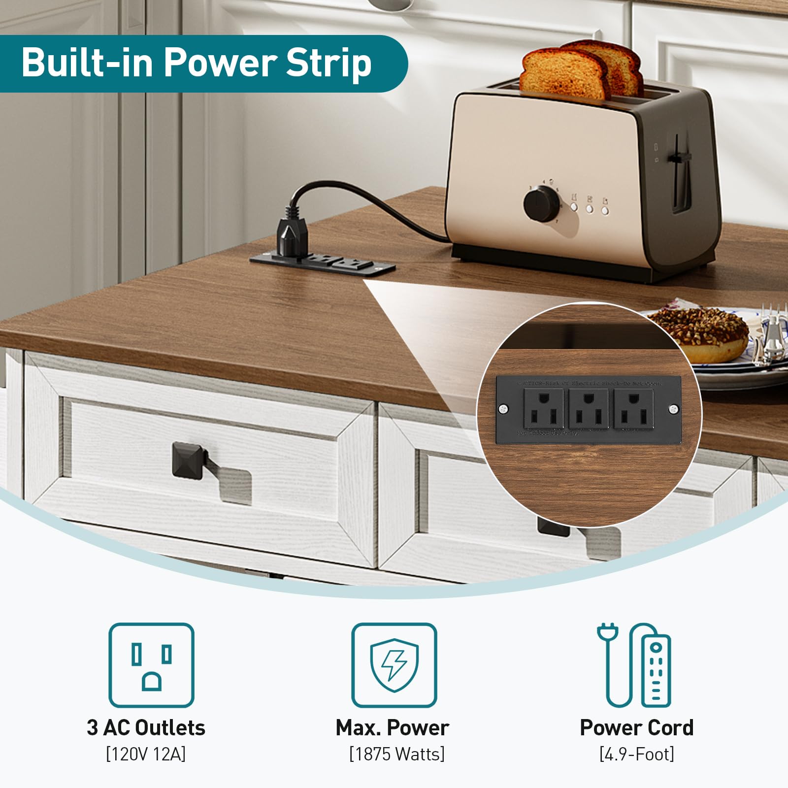 White & Walnut Kitchen Island Cart with Drop Leaf, 3 Drawers, Towel Rack & Spice Rack - Mobile Kitchen Storage Table with USB Charging Station for Small Spaces - Perfect for Meal Prep, Entertaining & Extra Counter Space
