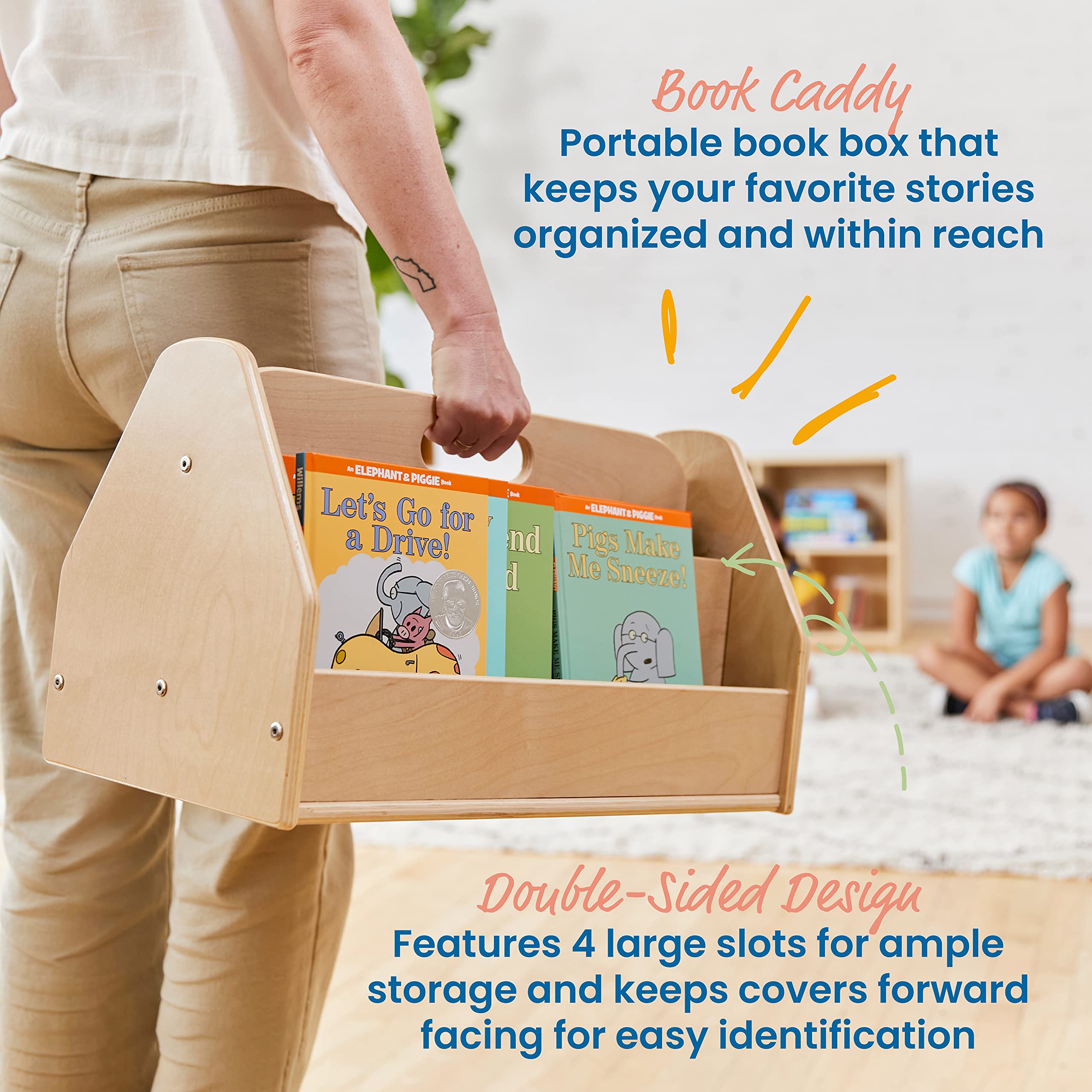 ECR4Kids Double-Sided Book Storage Caddy with Built-in Timer - Portable Classroom & Home Library Organizer - Natural Wooden Bookshelf for Kids Reading Corner & Teacher Supplies