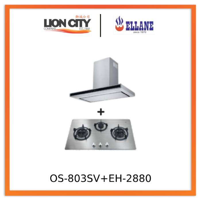 Ellane EH 2880 90cm Touch Control Stainless Steel Range Hood with Ellane OS 803SV 86cm 3-Burner Stainless Steel Gas Cooktop - Modern Kitchen Ventilation & Cooking Solution for Home Chefs