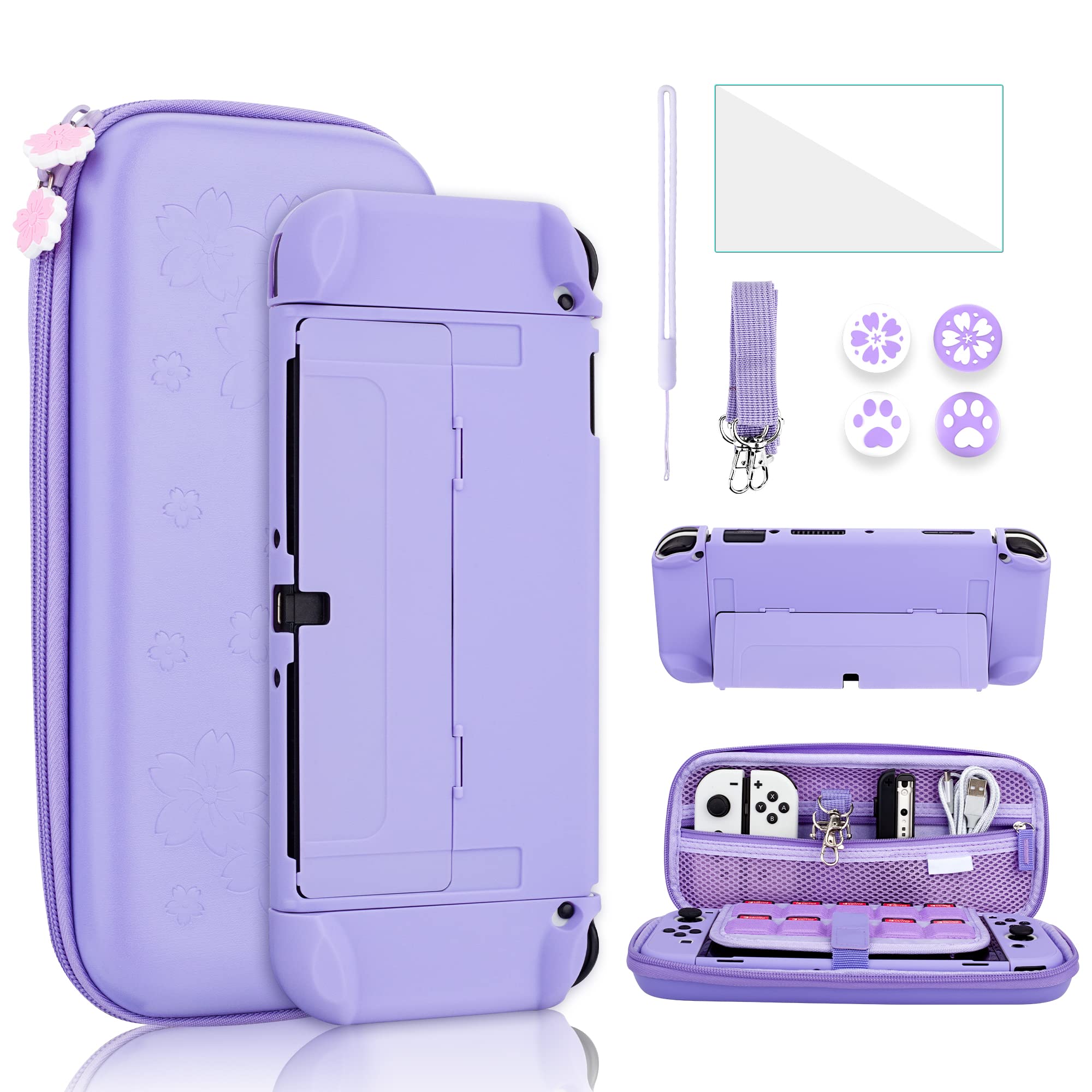 9-in-1 Nintendo Switch OLED Carrying Case Set - GLDRAM Protective Travel Case with Hard PC Cover, Tempered Glass Screen Protector, Thumb Grip Caps, Wrist Strap & Adjustable Shoulder Strap for Girls (Purple) - Perfect for Travel, Commuting & Gaming On-The-Go