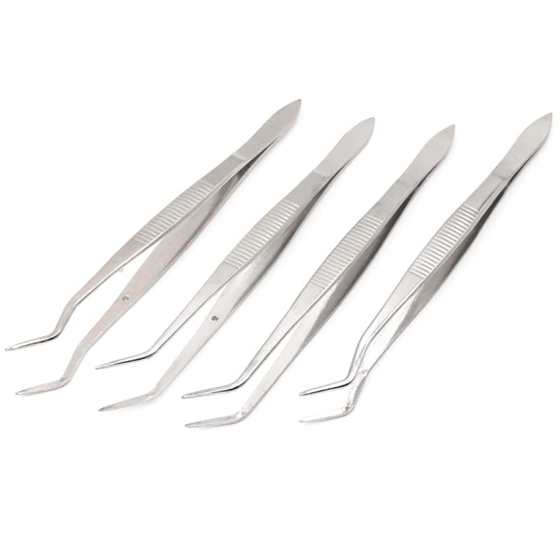 4-Piece Stainless Steel Dental Surgical Tweezers Set - 16cm Serrated Curved Forceps for Teeth Whitening, Oral Care & Dentist Lab Tools | Professional Dental Instruments for Dentists, Hygienists & Home Oral Care