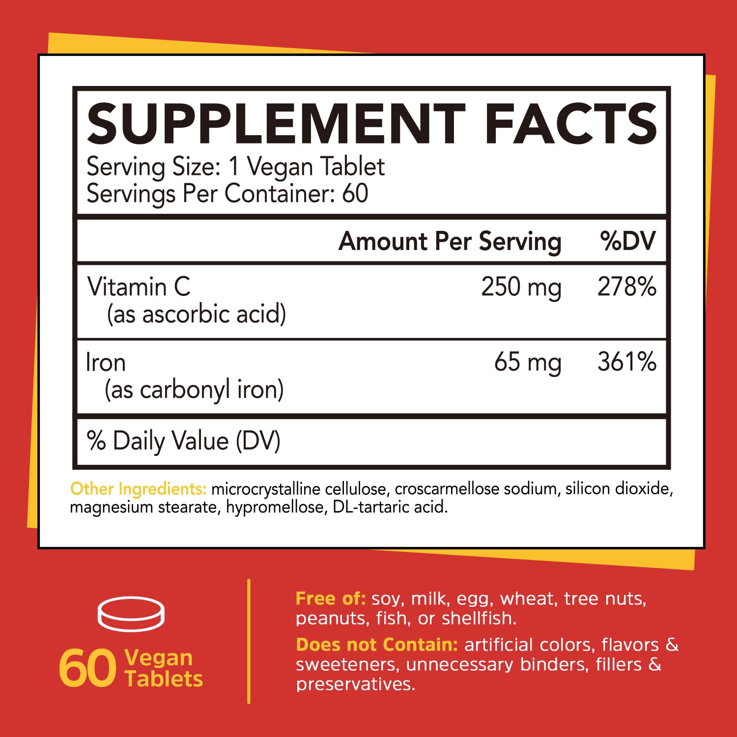 65mg Carbonyl Iron Supplement with Vitamin C for Energy & Blood Support - Gentle on Stomach, No Nausea or Constipation - Vegan, Non-GMO (60 Count) - Ideal for Active Adults, Athletes & Vegetarians