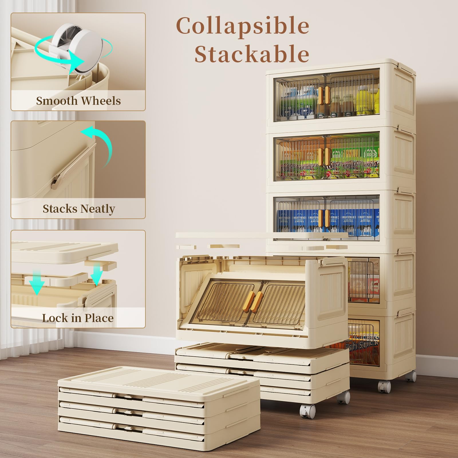 5-Tier Stackable Plastic Storage Bins with Lids - 58QT Collapsible Closet Organizers with Wheels, Foldable Storage Boxes for Bedroom, Living Room, Office & Dorm - Space-Saving Home Organization Solution for Clothes, Toys & Seasonal Items