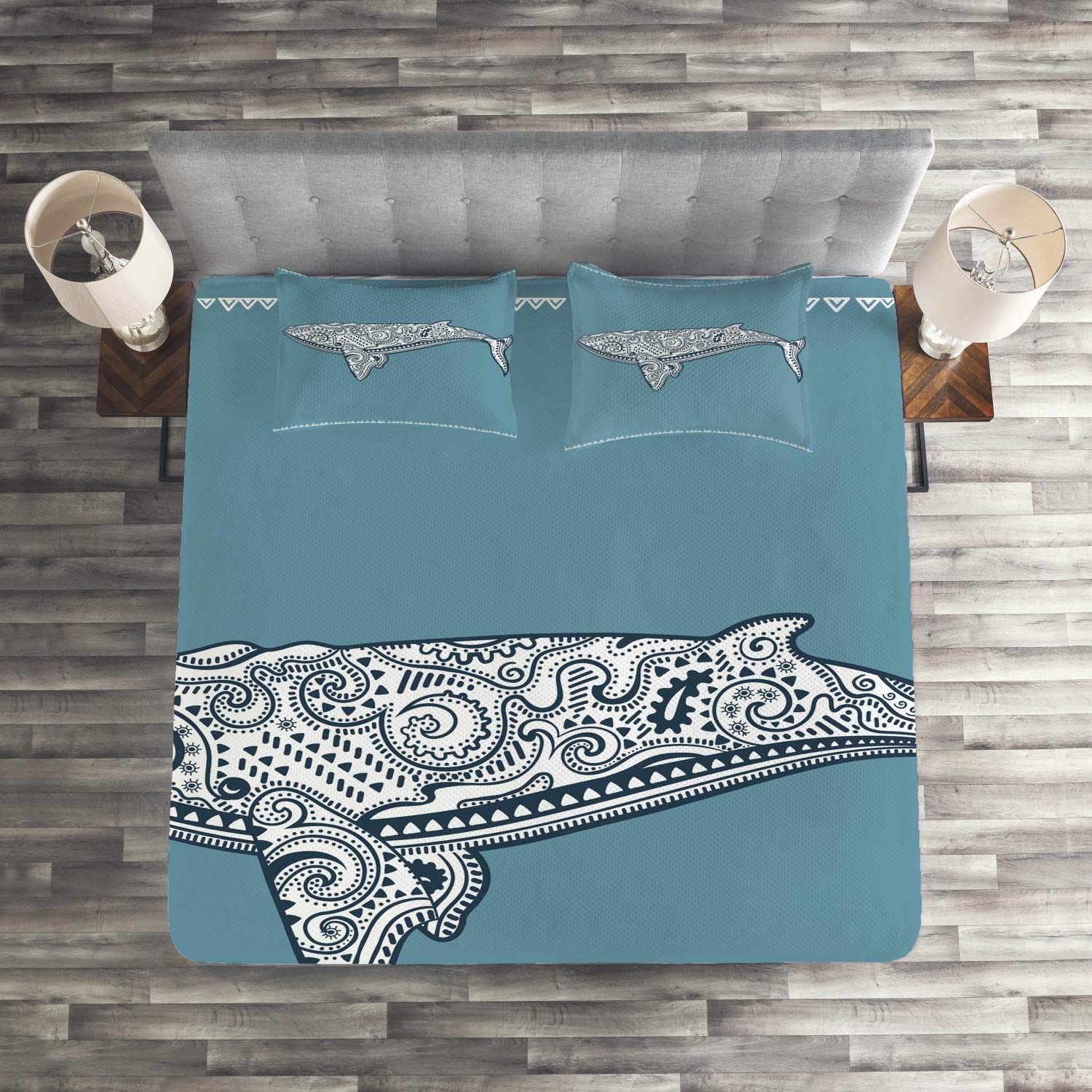 Ambesonne Nautical King Size Quilted Bedspread Set - 3 Piece Whale & Totem Design with Antique Paisley Pattern in Slate Blue & White | Includes 2 Pillow Shams | Perfect for Coastal, Beach House or Nautical Theme Bedrooms