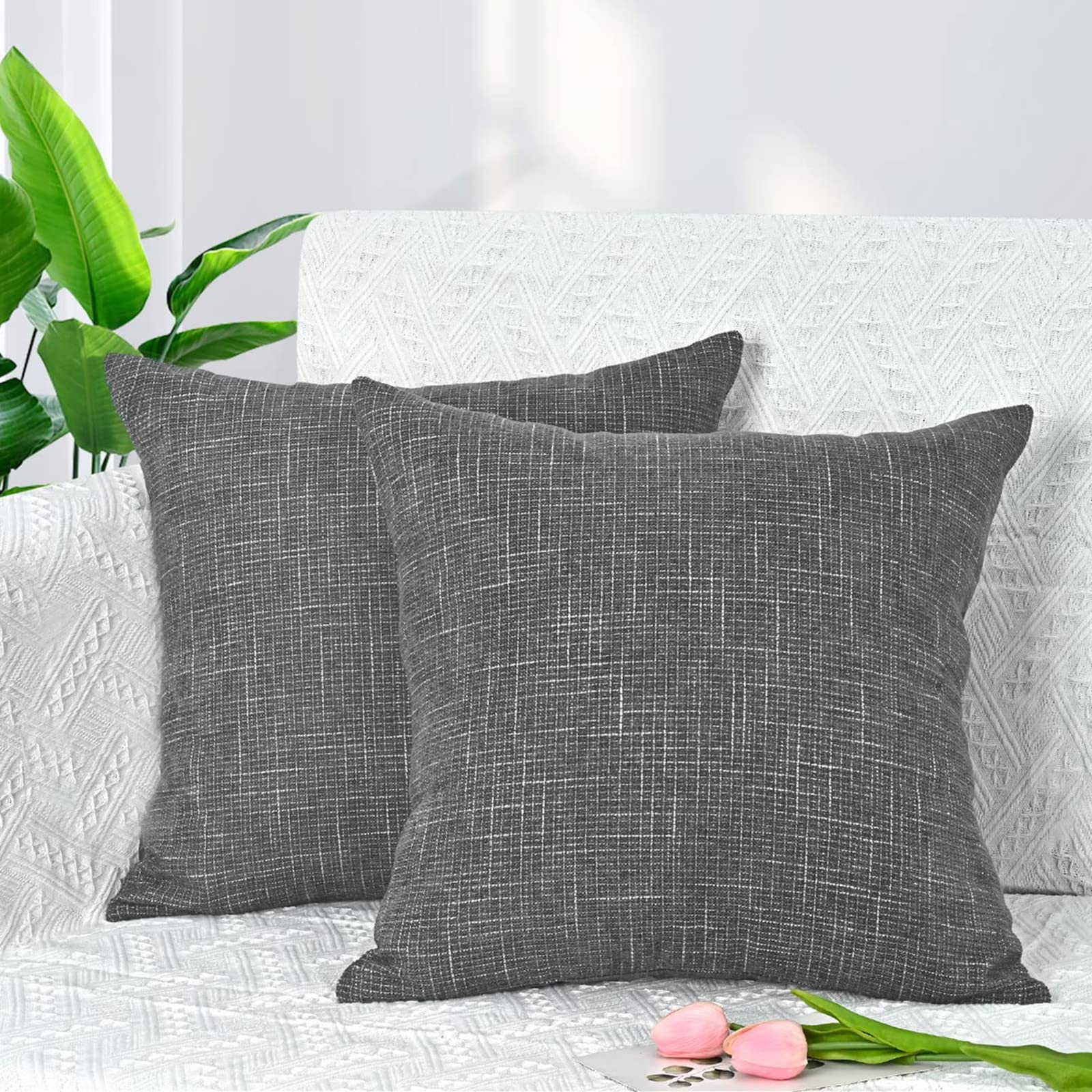 Set of 2 Chenille Throw Pillow Covers 18x18 Inches - Soft Decorative Farmhouse Style Pillow Cases for Couch, Sofa, Bedroom & Car - Dark Grey - Perfect for Home Decor, Living Room Accents & Cozy Comfort