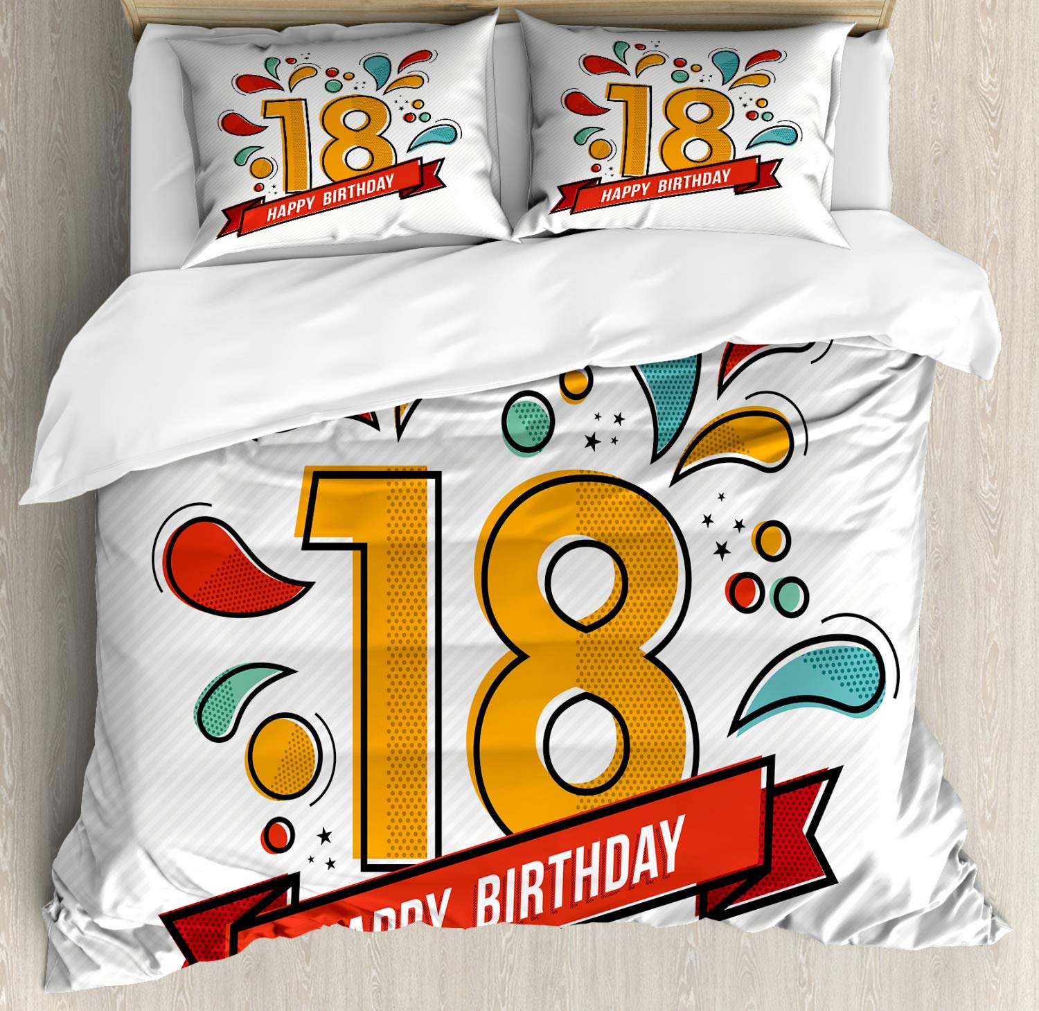 Ambesonne 18th Birthday Duvet Cover Set - Colorful Digital Print with 'Happy 18th Birthday' Lettering, 3-Piece Bedding Set Includes 2 Pillow Shams, California King Size - Perfect for Teen Bedrooms, Birthday Gifts & Dorm Room Decor