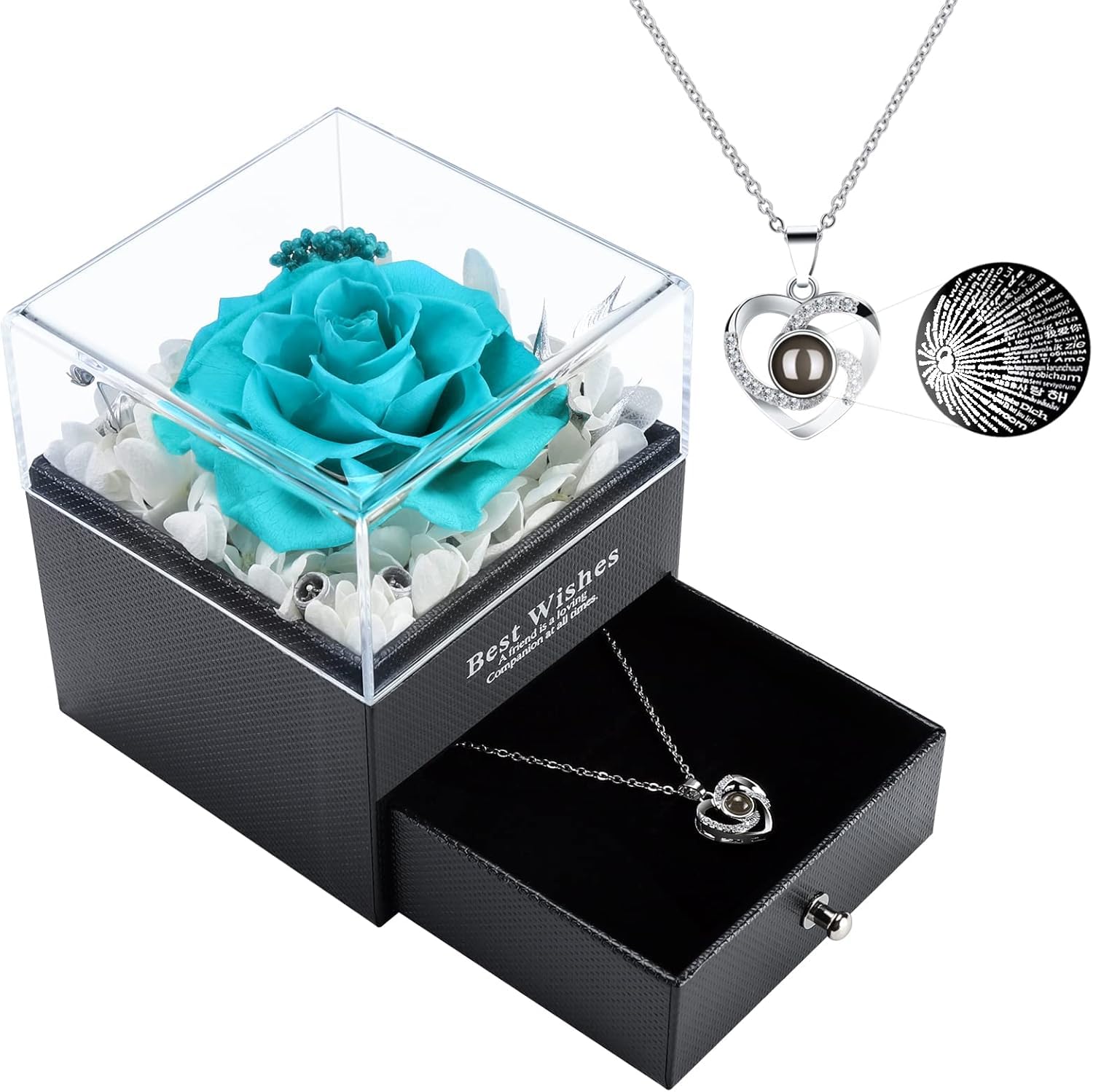 Real Preserved Rose Necklace - Eternal Flower Jewelry Gift for Women, Mom, Wife, Girlfriend (I Love You in 100 Languages) - Perfect for Anniversary, Mother's Day, Birthday & Romantic Occasions