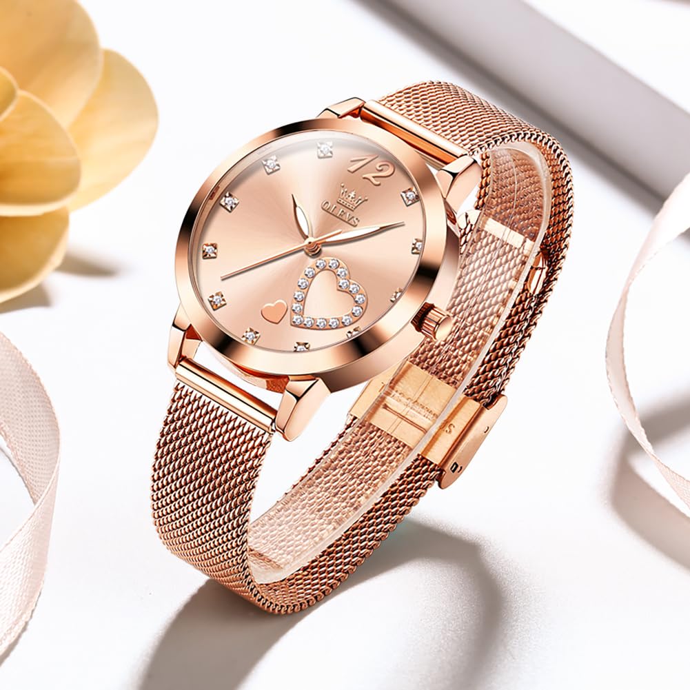 OLEVS Women's Rose Gold Minimalist Analog Quartz Watch with Bracelet Set - Slim Casual Dress Wristwatch, Waterproof Two-Tone for Ladies - Perfect for Everyday Wear, Office, and Special Occasions