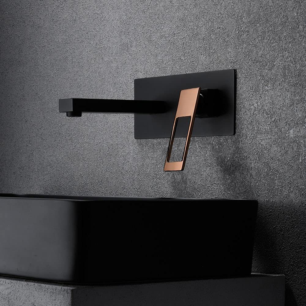 KunMai Single Handle Wall Mount Bathroom Faucet - Solid Brass Vessel Sink Faucet with Rough-in Valve - Matte Black & Rose Gold Finish - Perfect for Modern Vanities and Small Bathrooms