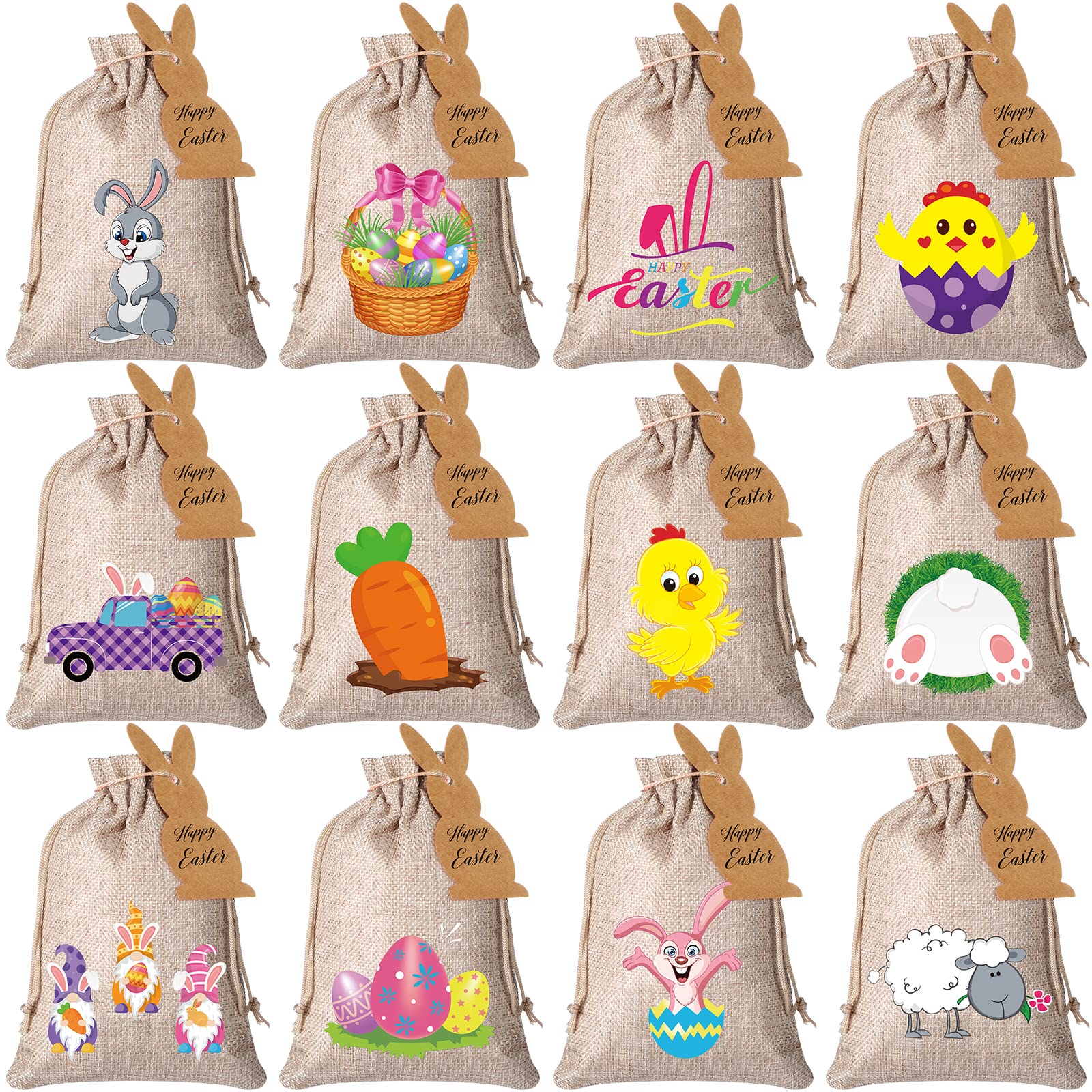 Shappy 24-Piece Easter Burlap Drawstring Gift Bags - Reusable Bunny Linen Favor Bags with Double Jute Strings - Classic Style Easter Party Favors, Egg Hunt Treats & Spring Decorations