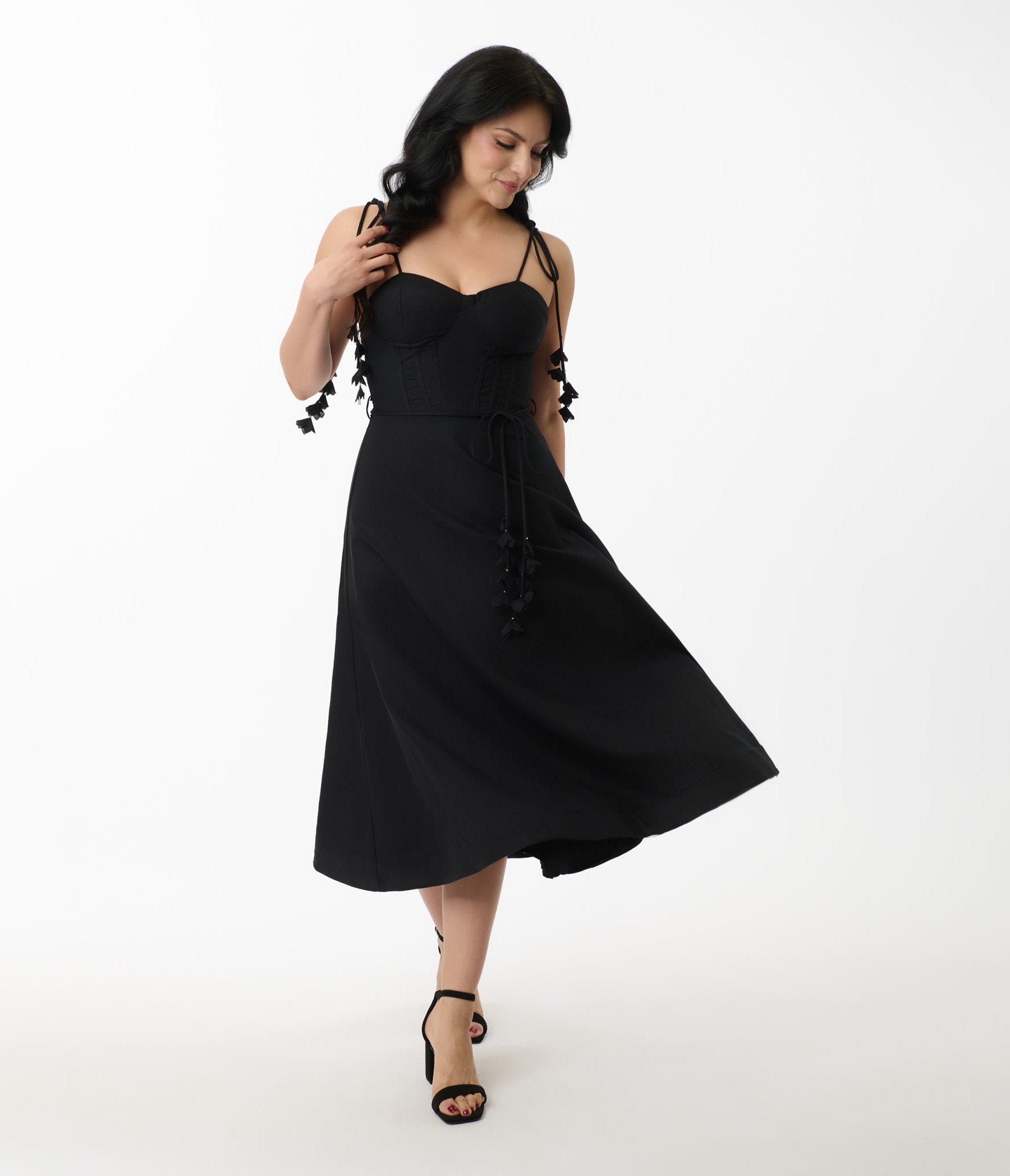 Black Bustier Shoulder Tie Midi Dress for Women - Sexy Corset Top Party Dress for Date Night, Club Wear & Special Occasions