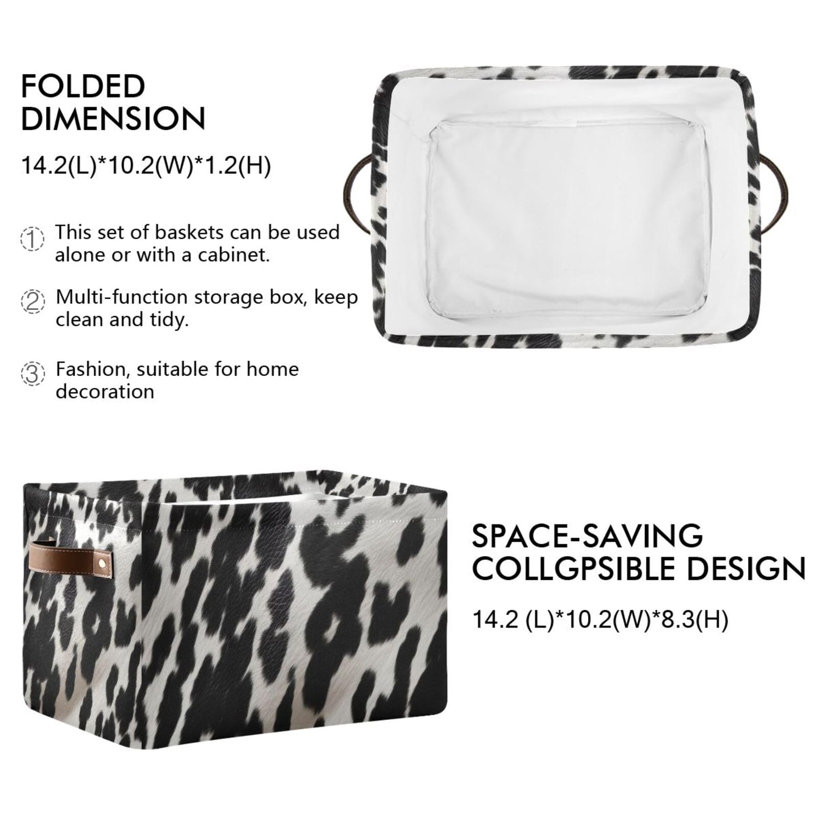 Cow Print Storage Baskets - Foldable Canvas Fabric Organizer Box with Handles - 2 Pack Rectangle Clothes Storage Bins for Home, Office, Closet & Shelves - Perfect for Bedroom, Laundry Room & Kids Room Organization