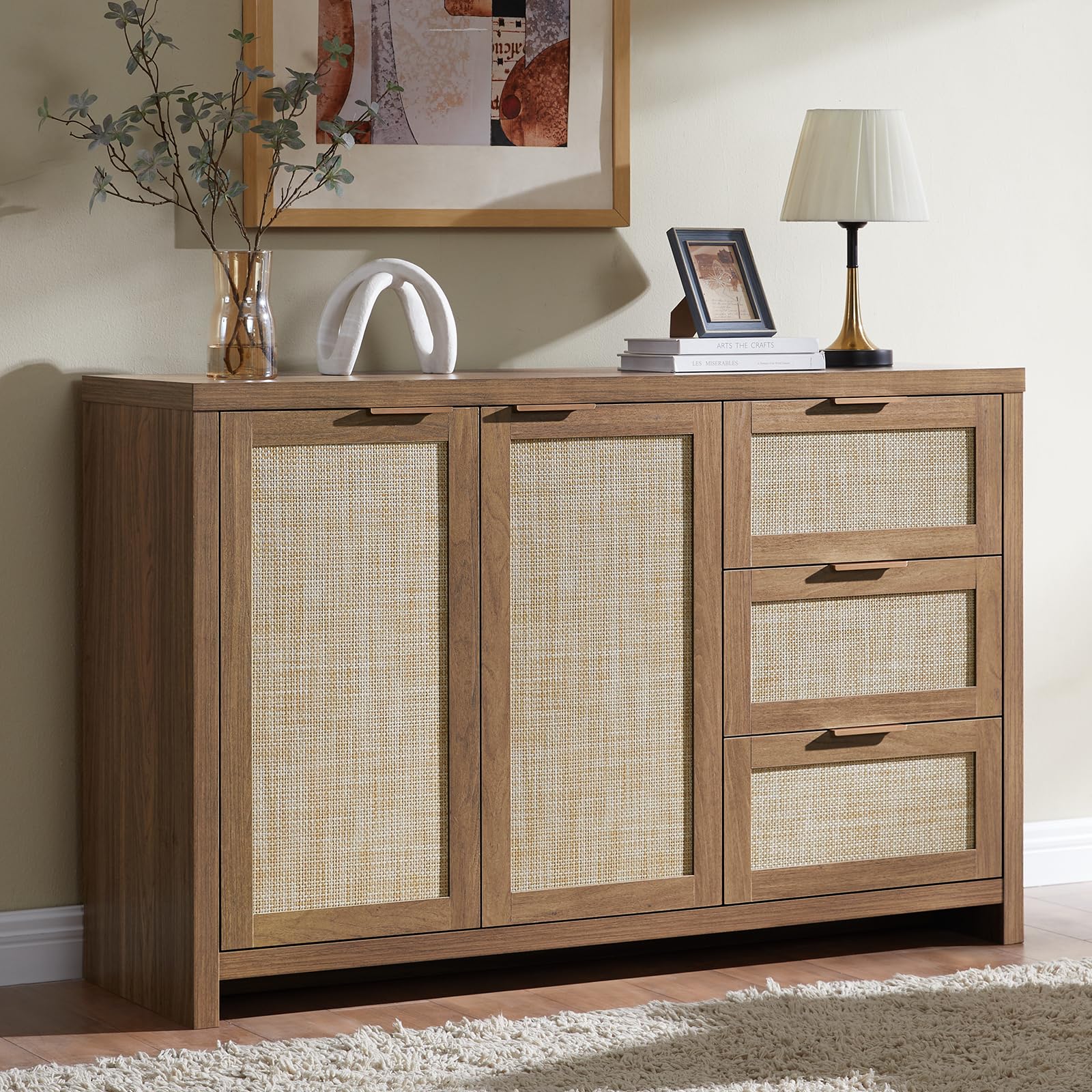 Hampstead 3-Drawer Rattan Storage Cabinet with 2 Doors & Adjustable Shelves - Sideboard Buffet Cabinet for Living Room, Dining Room & Bedroom Organization (Special Walnut Finish)