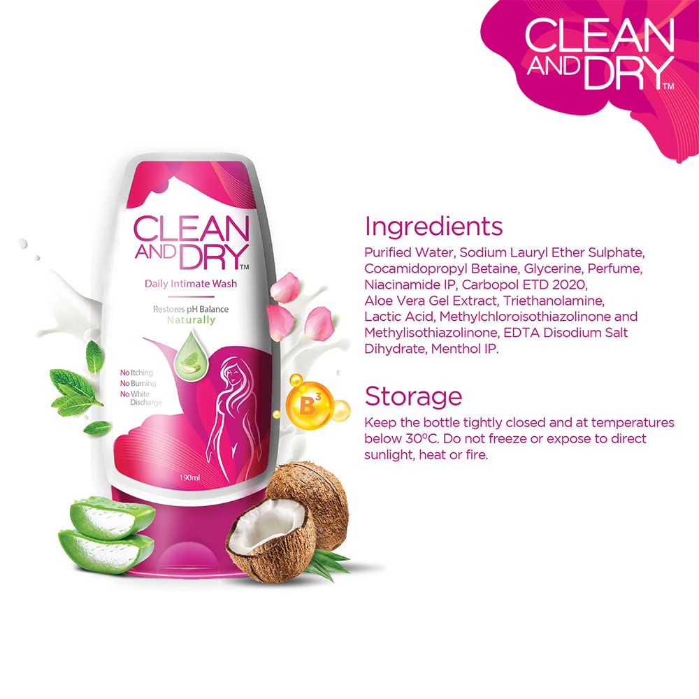 Clean & Dry Intimate Wash for Women – pH Balanced Vaginal Hygiene Wash, Antibacterial & Soothing Formula for Daily Use, Prevents Itching & Infections, 190ml – Perfect for Sensitive Skin & Post-Workout Freshness