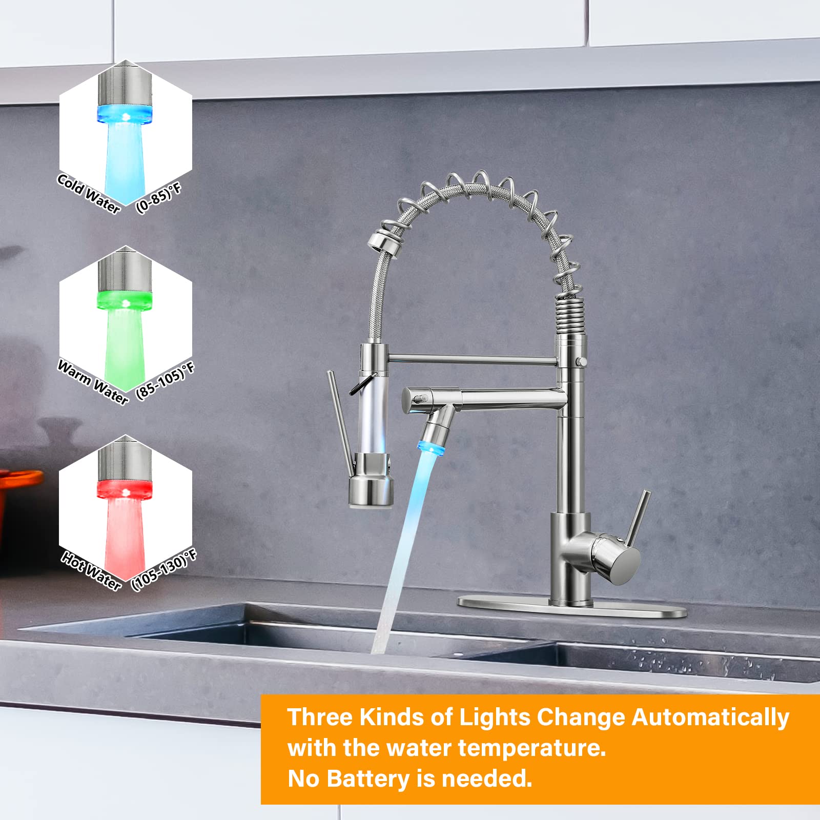KZH Commercial Single Handle Stainless Steel Kitchen Faucet with Pull Down Sprayer, LED Light & Deck Plate - Brushed Nickel Finish for Modern Kitchens | Perfect for Restaurants, Home Chefs & High-Traffic Sinks