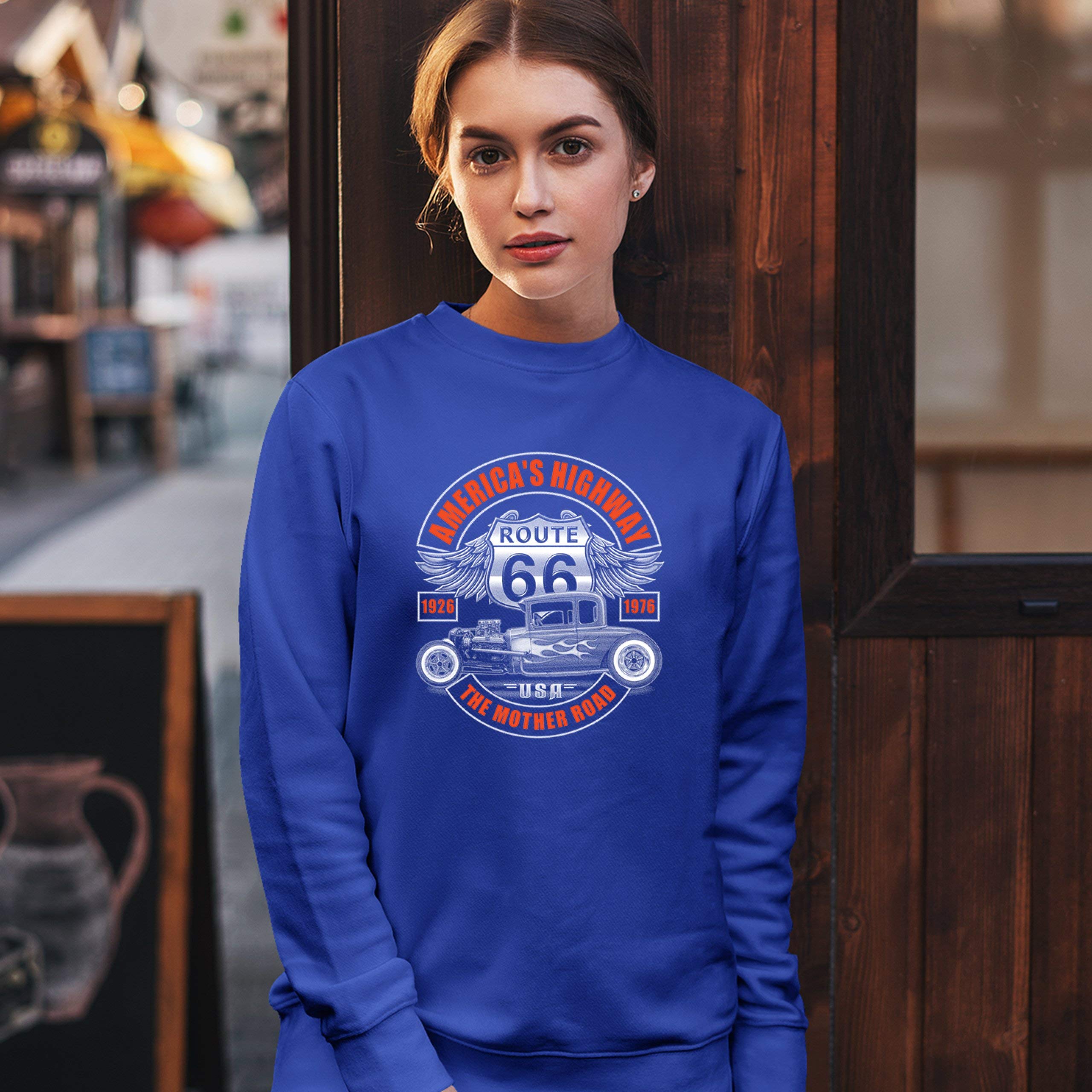 Vintage Route 66 Sweatshirt - The Mother Road America's Highway Hot Rod Crewneck Pullover for Road Trips & Classic Car Enthusiasts