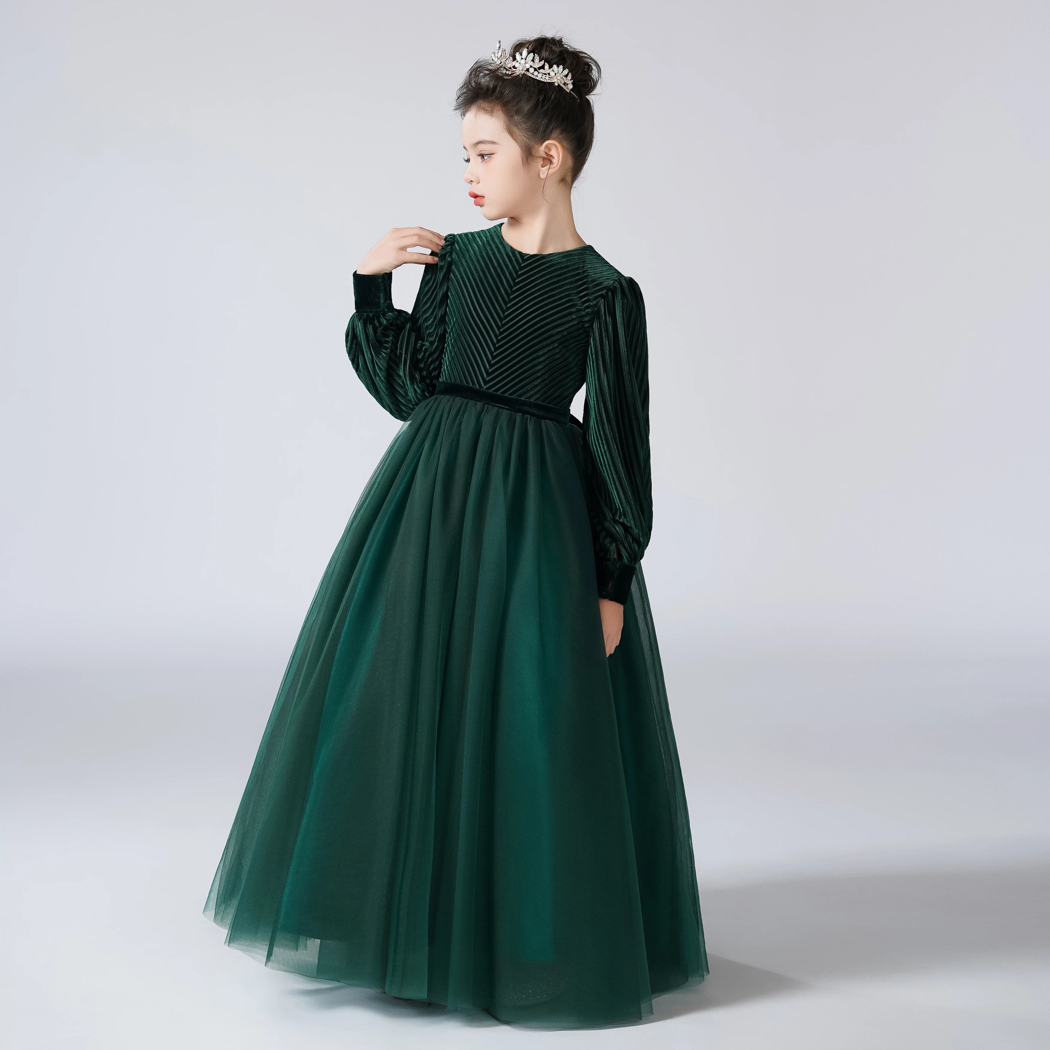 Velvet Full Sleeve Long Skirt Green Girls Formal Dress Pageant Gown for Special Occasions, Birthday Parties & Holiday Events