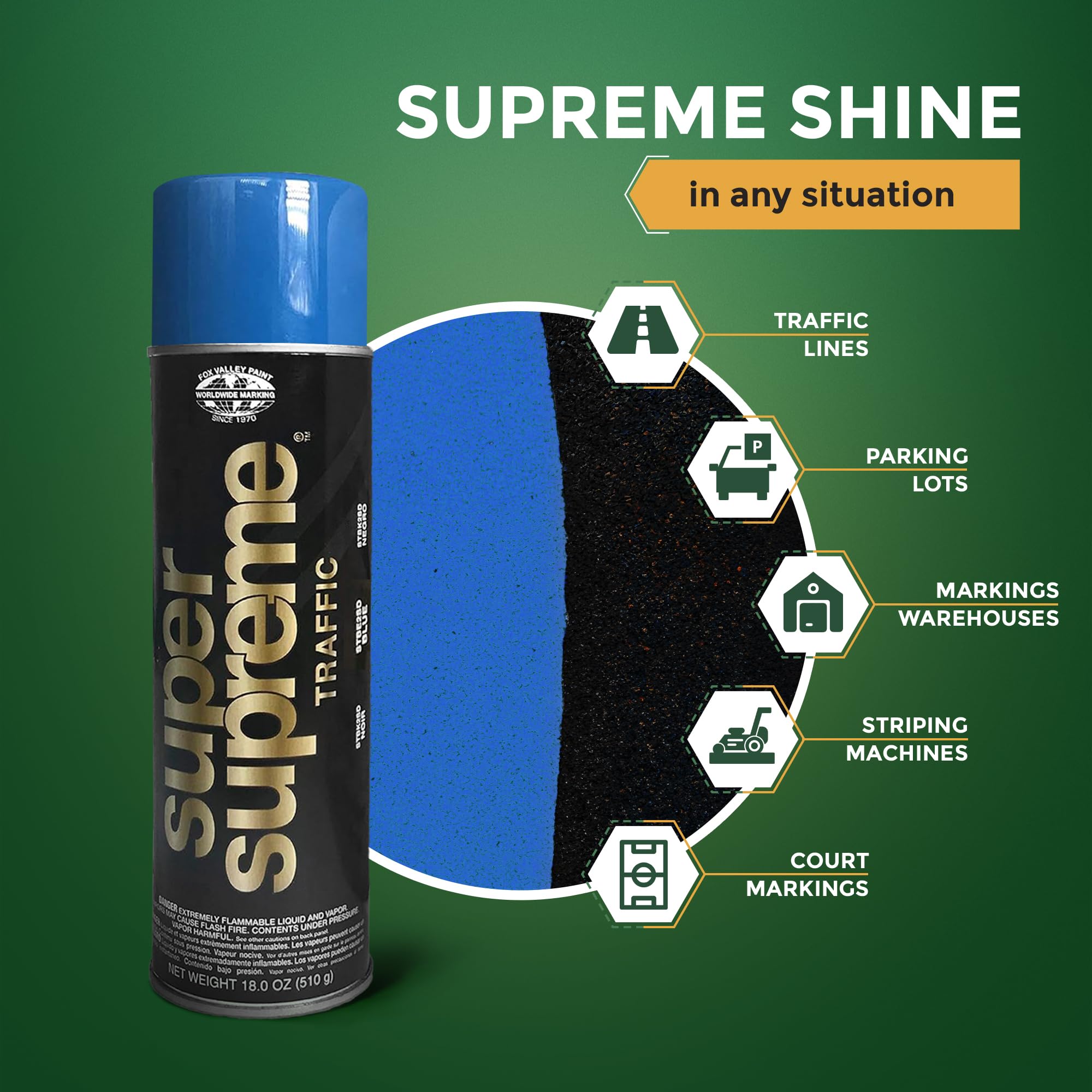 Fox Valley Super Supreme Traffic Spray Paint - 18 oz (Pack of 12), Blue - High-Performance Road Marking Paint for Parking Lots, Sidewalks, Warehouses & Factory Floors - Easy to Use, Durable & Weather-Resistant - Perfect for DIY Projects & Professional Road Maintenance