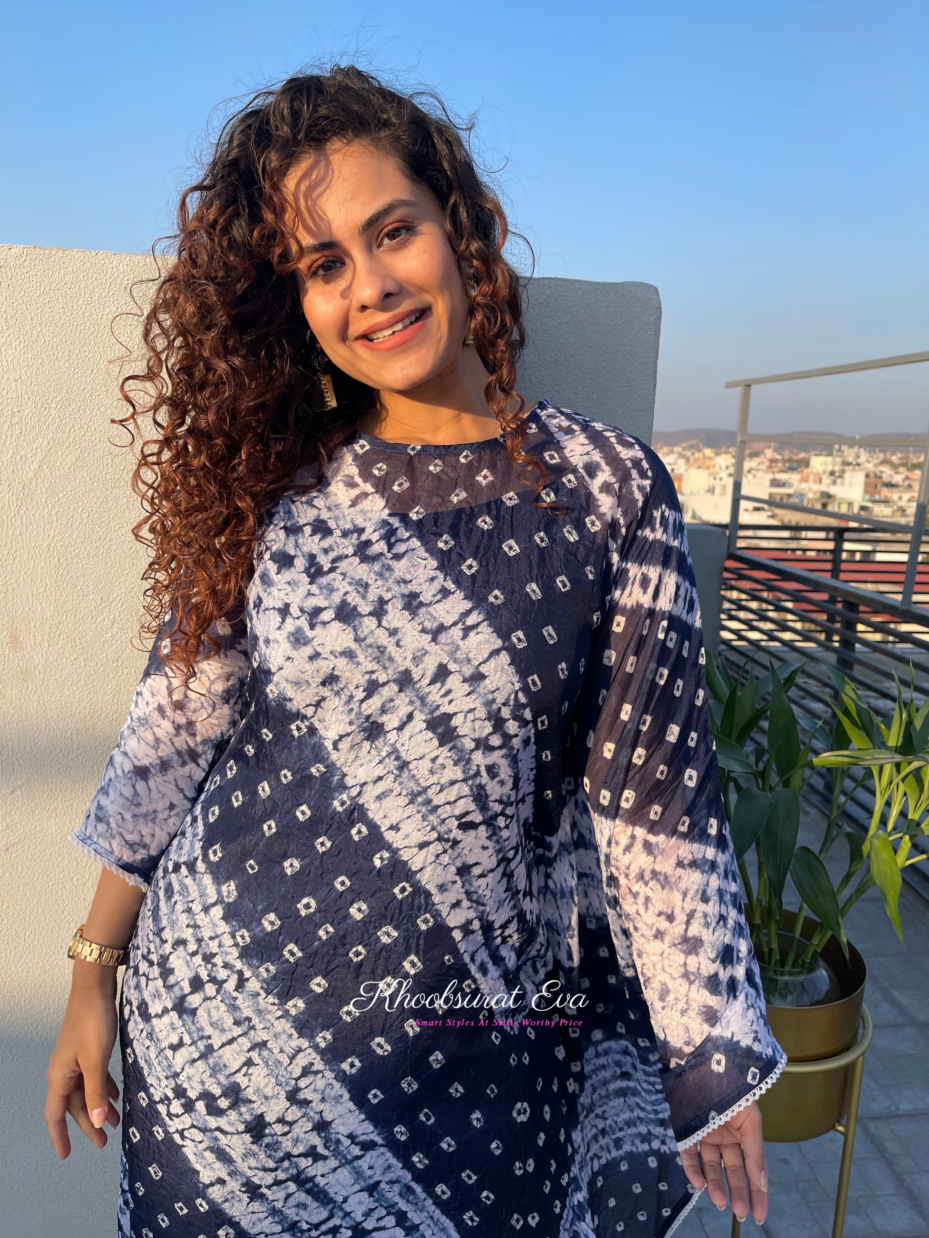 Stylish Blue Bandhani Kaftan Set for Women – Boho Chic Ethnic Outfit for Festivals, Parties & Beach Vacations