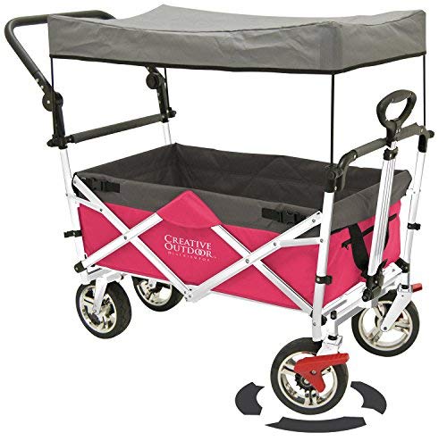 **Pink Collapsible Folding Garden Wagon for Kids - Adjustable Handle, Removable Canopy & Seat Belts - Perfect for Beach, Park, Camping & Outdoor Adventures**