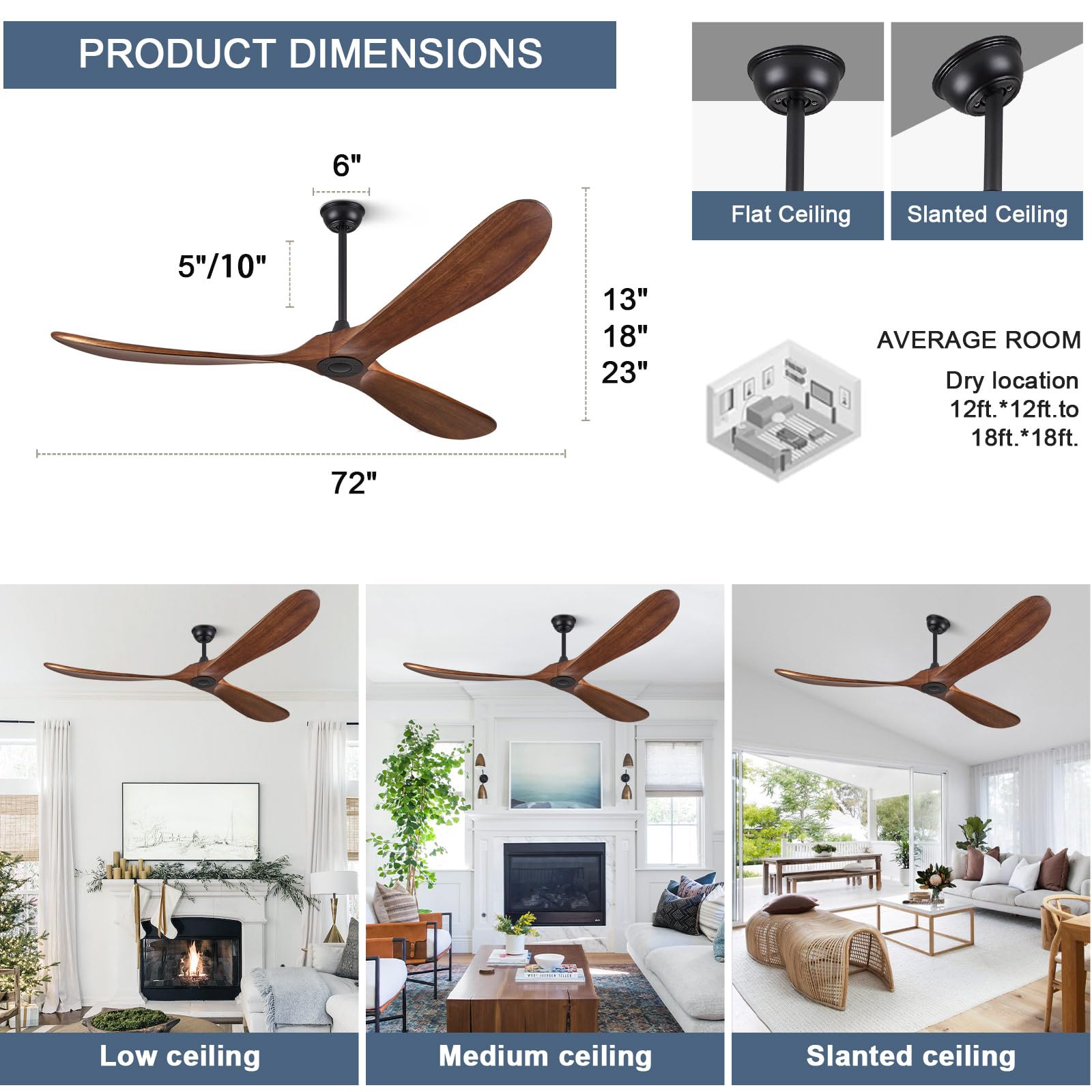 72 Inch Outdoor Ceiling Fan No Lights - ABZ 3-Blade Solid Wood Ceiling Fan with Remote Control for Patio, Living Room, Bedroom, Porch - Perfect for Cooling Large Spaces and Enhancing Home Decor