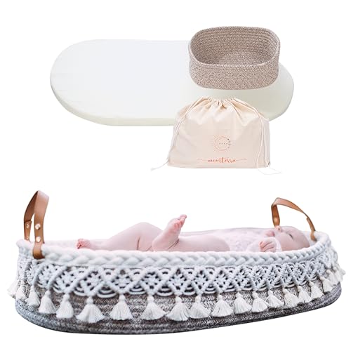 Aumterra Baby Changing Basket with Soft Pad & Safety Straps - Luxury Macrame Moses Basket, Boho Nursery Decor | Perfect Baby Shower Gift Set with Diaper Caddy, Carry Bag & Waterproof Pad | Ideal for Newborn Care, Nursery Organization & Travel Essentials