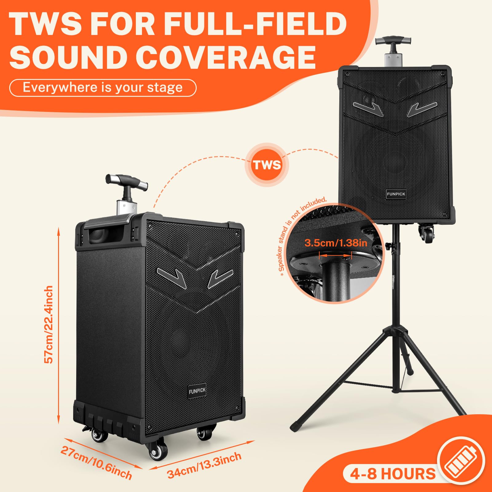FTSK10-3 10-Inch 3-Way PA System with Bluetooth - Rechargeable Karaoke Speaker with Wireless Crystal Mic, Supports Guitar/USB/FM/AUX/TWS - Perfect for Home Parties, Outdoor Events & Live Performances