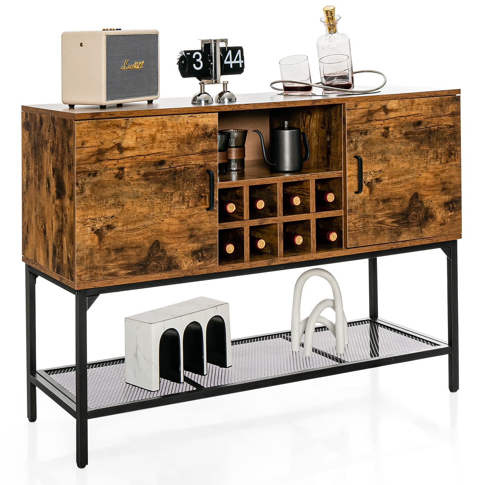 Giantex Industrial Wine Cabinet - Freestanding Kitchen Buffet Sideboard with Mesh Shelf, 2 Door Storage Cabinet & Console Table for Dining Room, Living Room, Hallway - Rustic Brown & Black | Perfect for Home Bar, Wine Storage & Entryway Organization