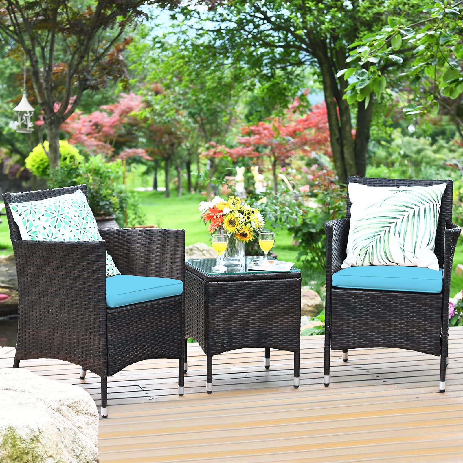 Tangkula 3-Piece Outdoor Patio Furniture Set - Wicker Rattan Conversation Set with Coffee Table, Chairs & Thick Cushions - Perfect for Garden, Backyard, Poolside or Balcony Relaxation