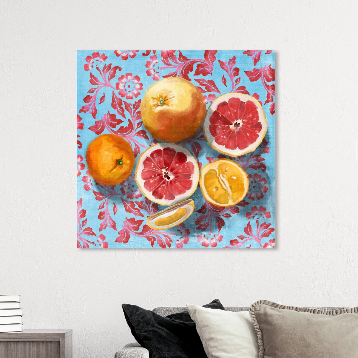 Vibrant Tropical Citrus Still Life Blue Canvas Wall Art Print - Perfect for Kitchen, Cabin, or Lodge Decor - Adds a Fresh & Sour Accent to Your Home
