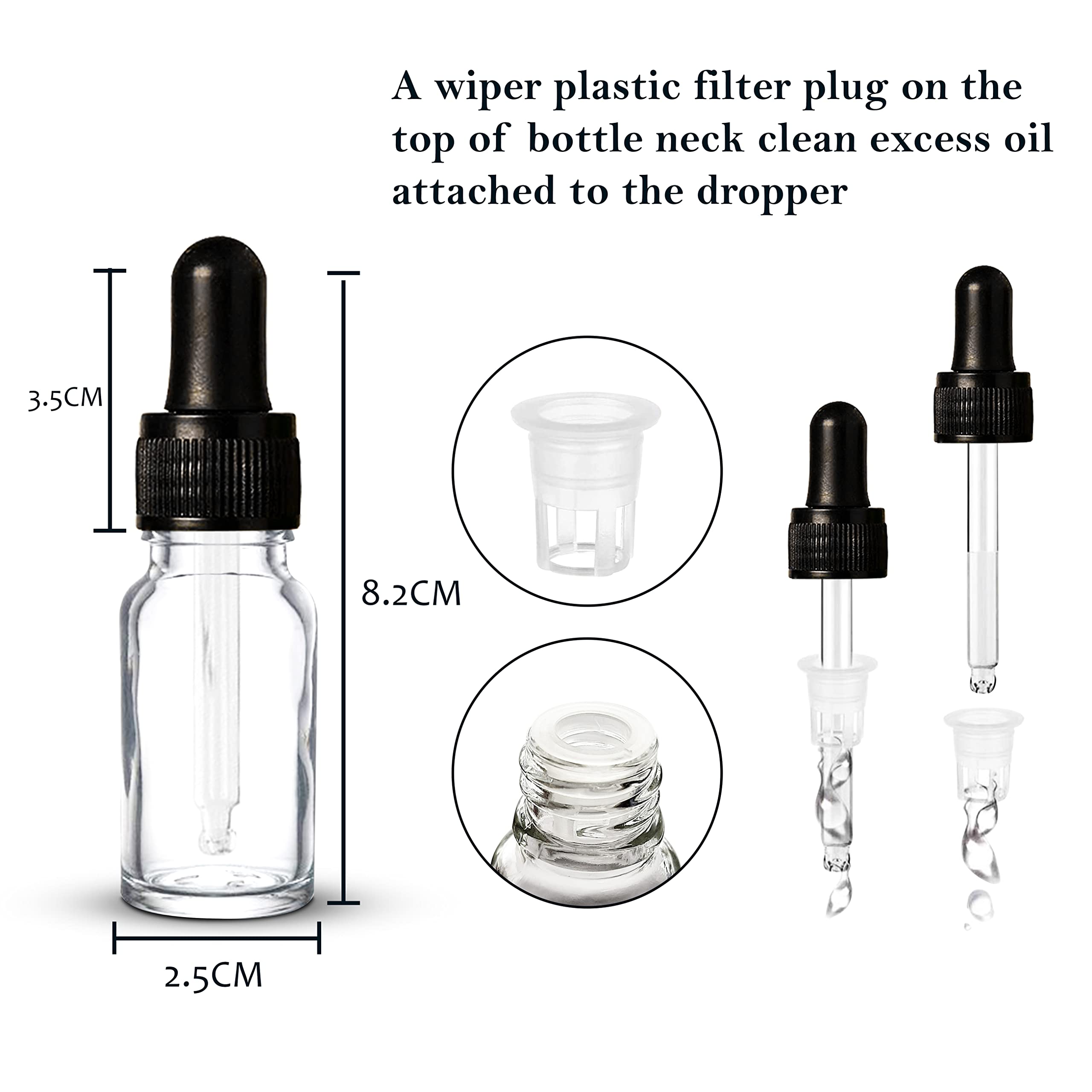NSB Herbals 10ml Clear Round Empty Glass Bottle with Glass Dropper & Black Silicone Teat - Refillable Essential Oil & Perfume Container (Pack of 3) | Perfect for DIY Aromatherapy, Travel Size Liquids & Homemade Beauty Products