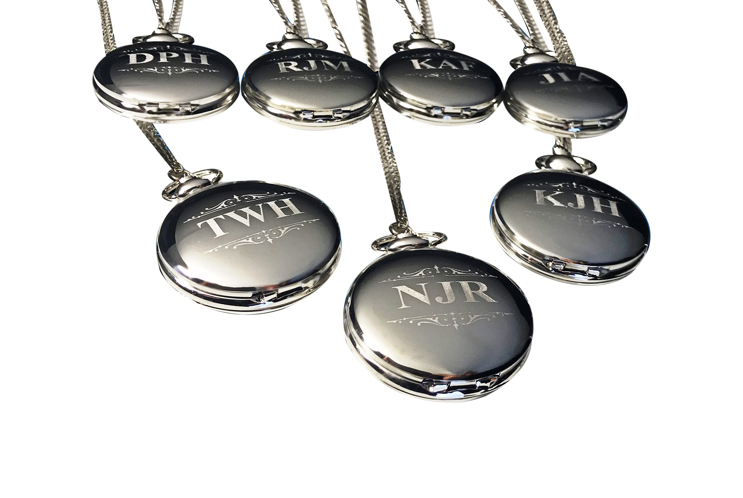 7 Silver Engraved Pocket Watches Set with Gift Boxes & Chains - Perfect for Gifts, Collectibles, and Vintage Style Accessories