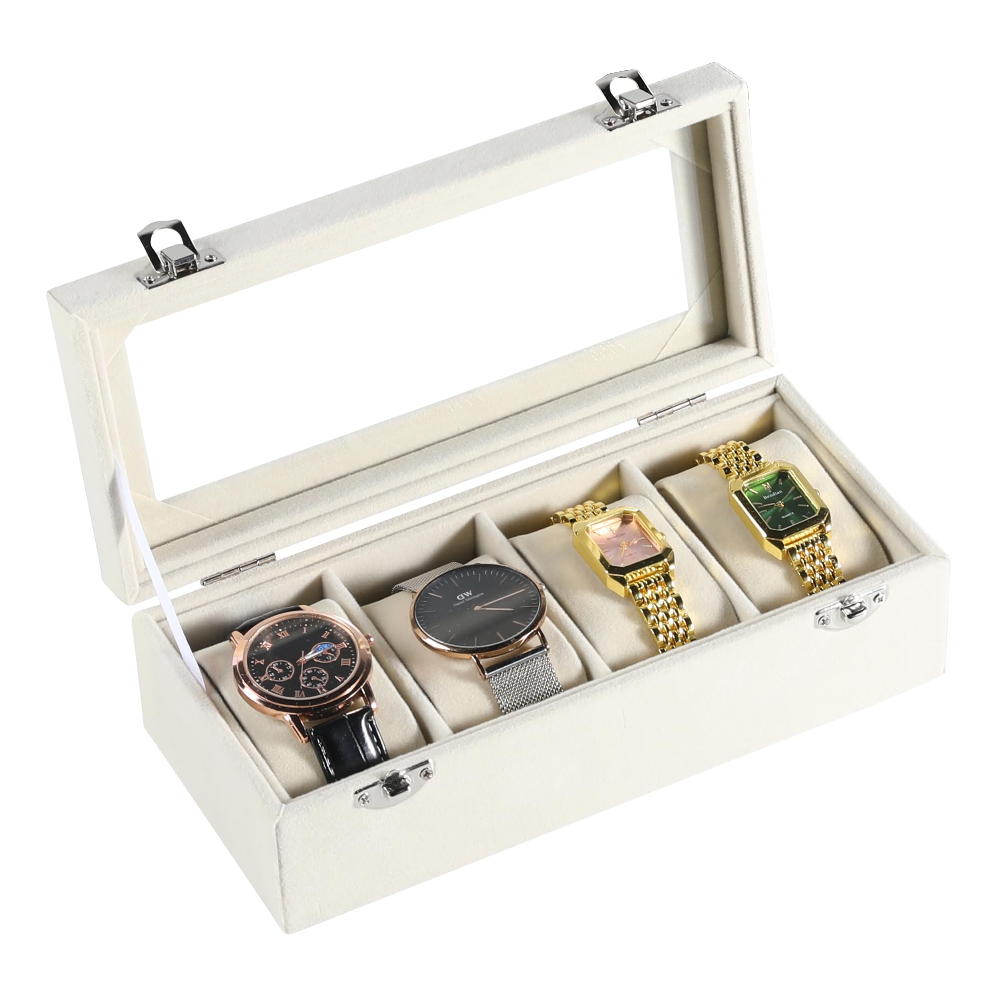 Frebeauty 4-Slot Velvet Watch Box with Glass Lid & Lock - Luxury Watch Organizer for Men & Women - Elegant Watch Display Case & Storage - Perfect Gift for Watch Collectors (Beige) - Ideal for Home, Office & Travel Use