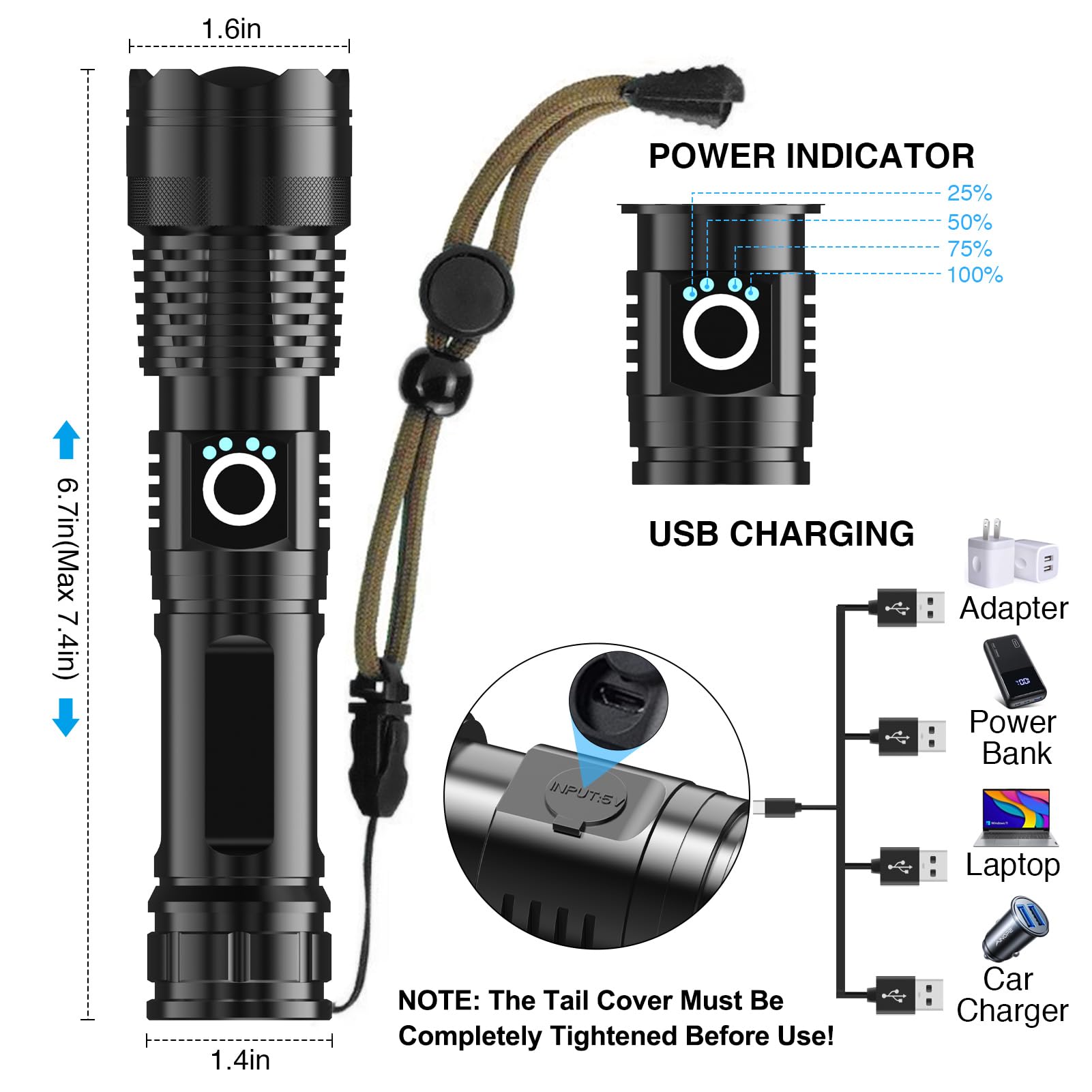 Rupyria 150,000 Lumen Super Bright Rechargeable LED Flashlight - 5 Light Modes, Handheld EDC Flashlight for Camping, Hiking, Emergencies & Power Outages