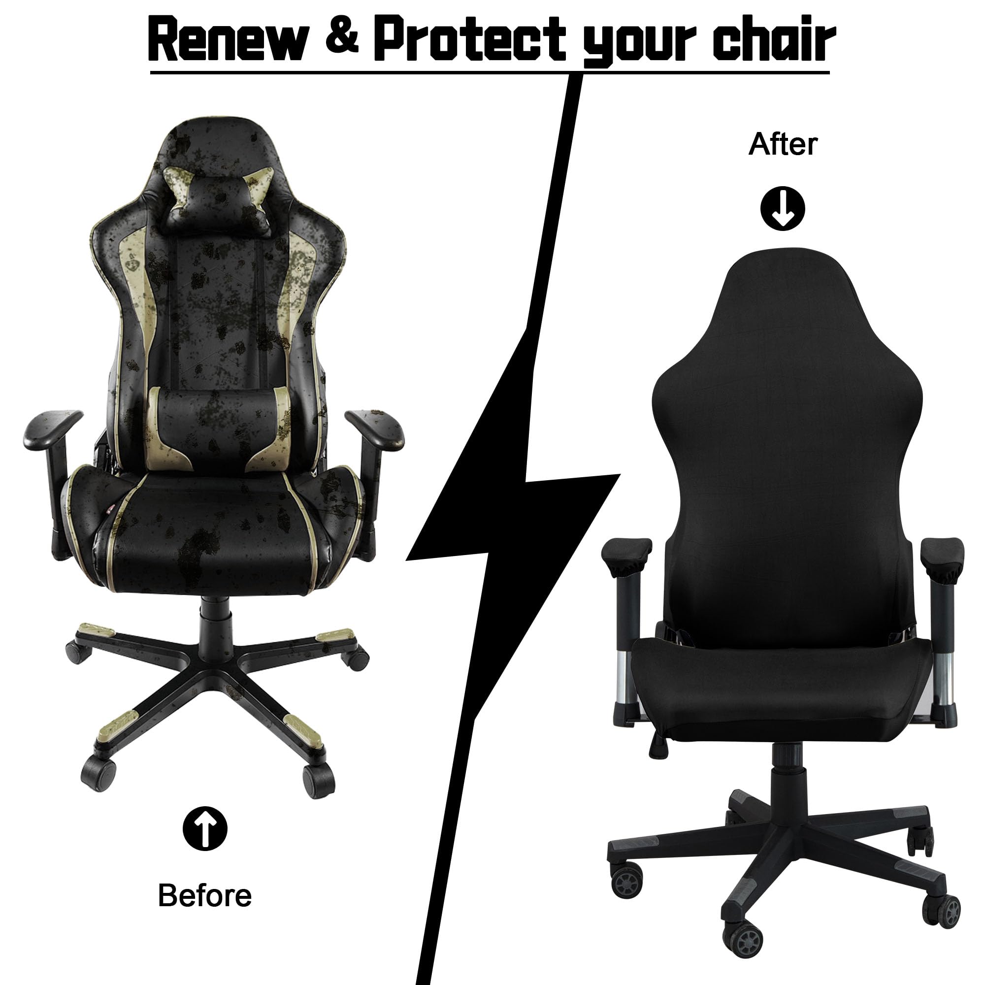 Stretchable Gaming Chair Cover - Ergonomic Office Chair Slipcover for Cat Scratch Protection - Black (Fits Racing & Computer Gamer Chairs) - Perfect for Home Office & Gaming Setup