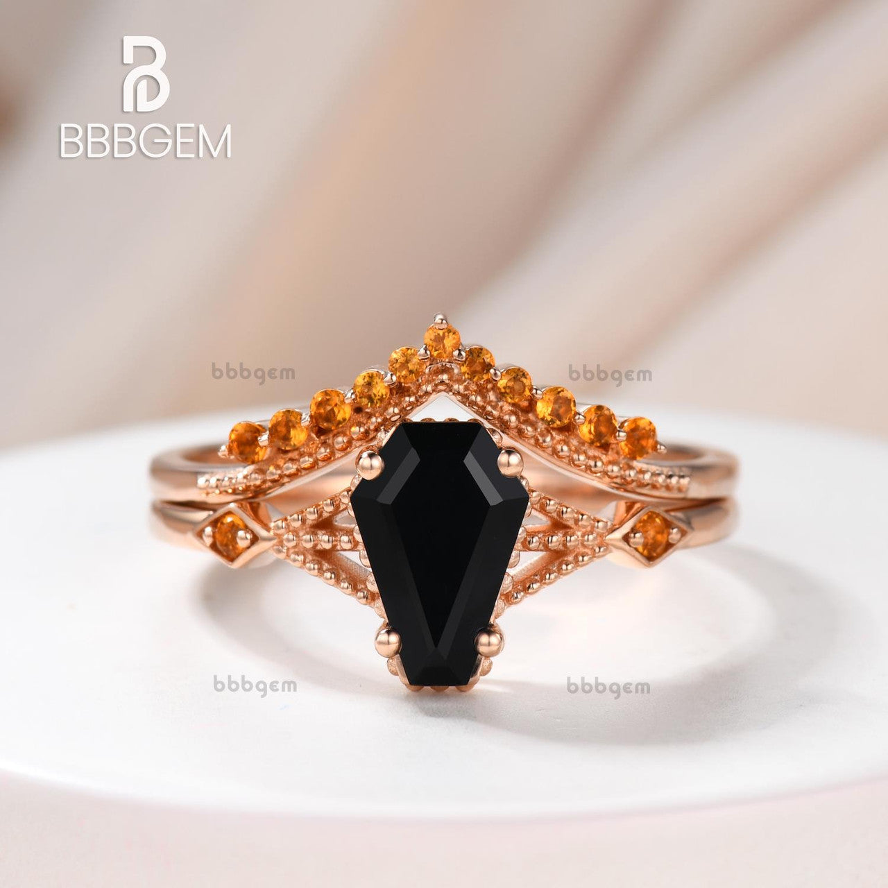 Him Black Spinel Coffin Wedding Ring Set with Yellow Citrine Milgrain Curve Band in Gold - Elegant Gothic Bridal Jewelry for Alternative Weddings & Dark Romance