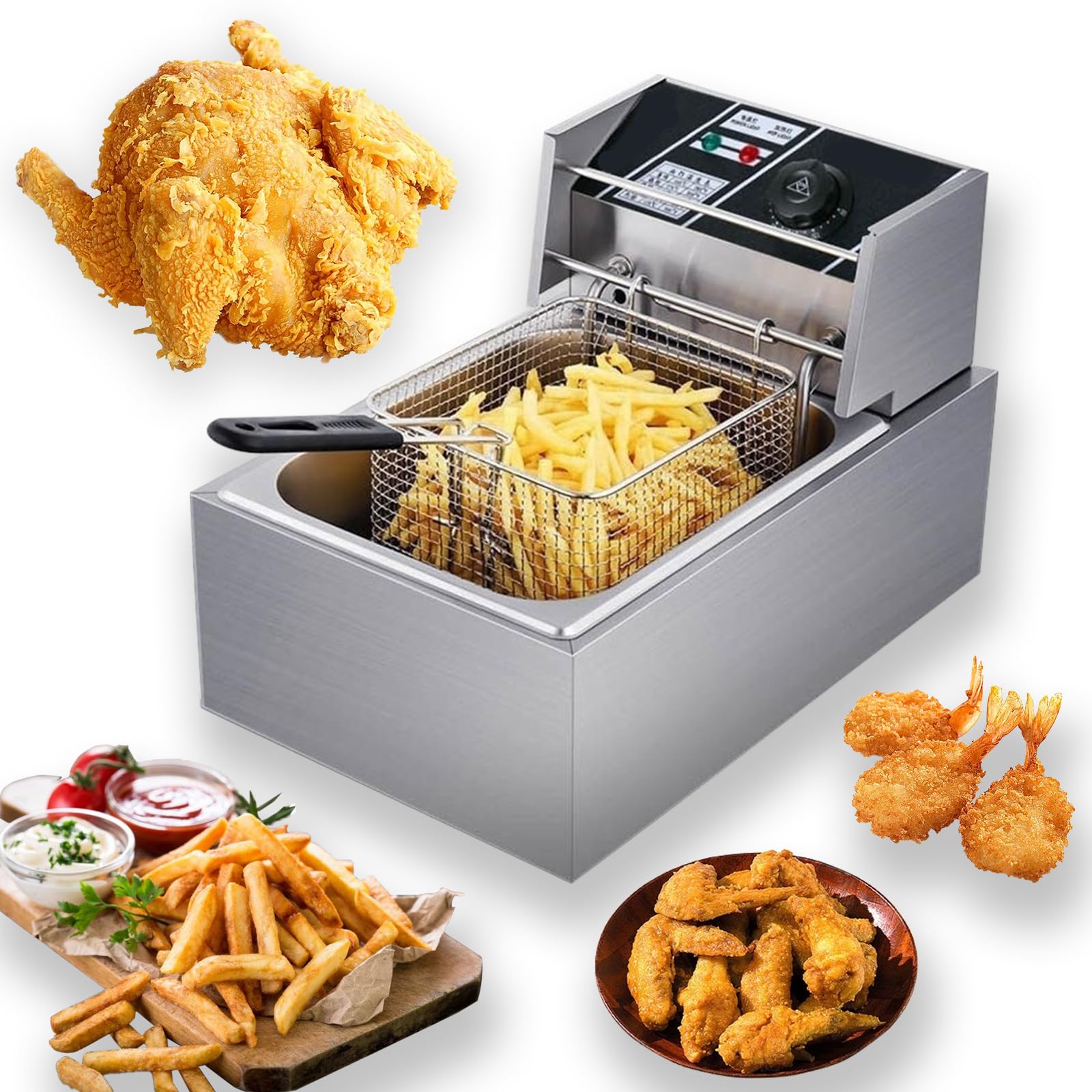6.3QT/6L Commercial Electric Deep Fryer - Stainless Steel Professional Frying Machine with Triple Basket & Timer for Restaurants, Fast Food Shops, and Home Kitchen - Perfect for French Fries, Chicken Wings, and Donuts