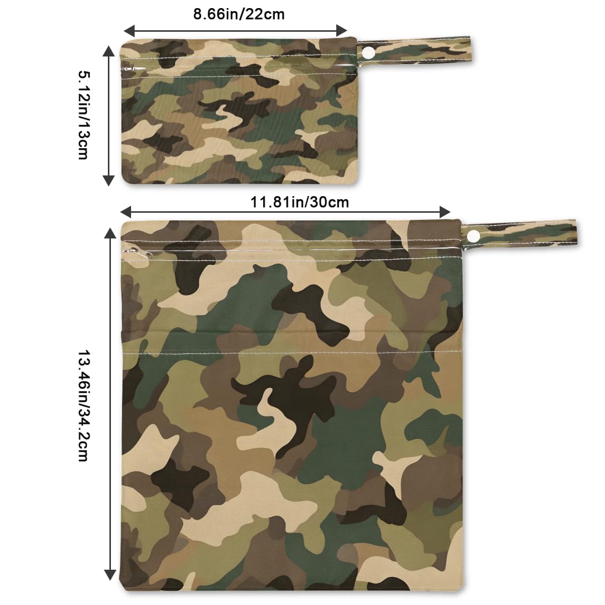2-Pack Waterproof Wet Dry Bags for Travel, Gym & Beach - Camo Print Laundry & Swimwear Organizer - Reusable Cloth Diaper & Bathing Suit Storage Bag (Ideal for Pool, Yoga, Sports & Baby Care)