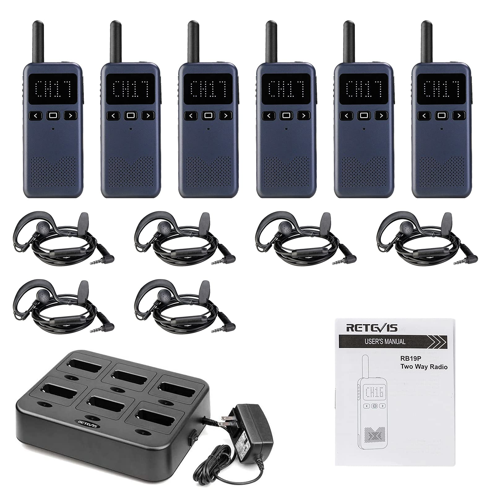 Retevis RB19P 3 Watt High Power GMRS Walkie Talkies - Long Range Two Way Radios with Earpiece & Multi-Unit Charger (6 Pack) - Ideal for Restaurants, Retail Stores, Schools, Construction Sites, and Outdoor Adventures
