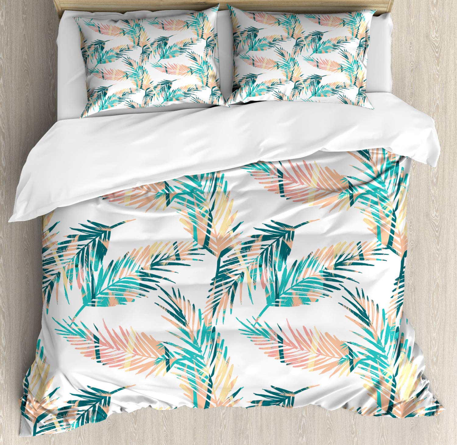 Ambesonne Tropical Leaf Duvet Cover Set - Queen Size 3-Piece Bedding with 2 Pillow Shams | Double Exposure Palmate Leaf Design on White Backdrop | Breathable Decorative Comforter Cover for Master Bedroom, Guest Room & Vacation Homes