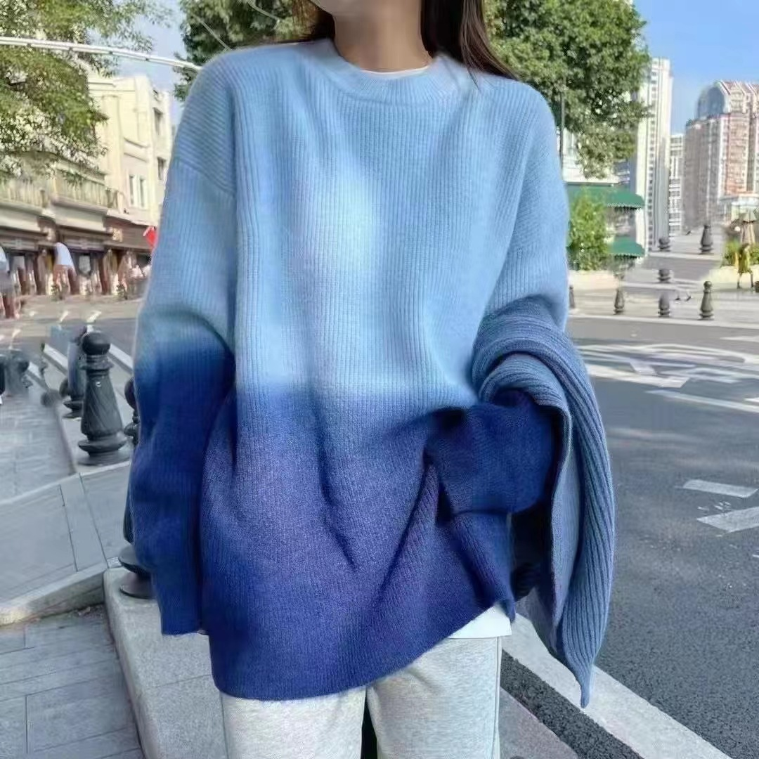 Trendy Loose Round Neck Gradient Knitted Sweater - Casual Oversized Pullover for Women | Perfect for Fall Layering, Coffee Dates & Cozy Weekends