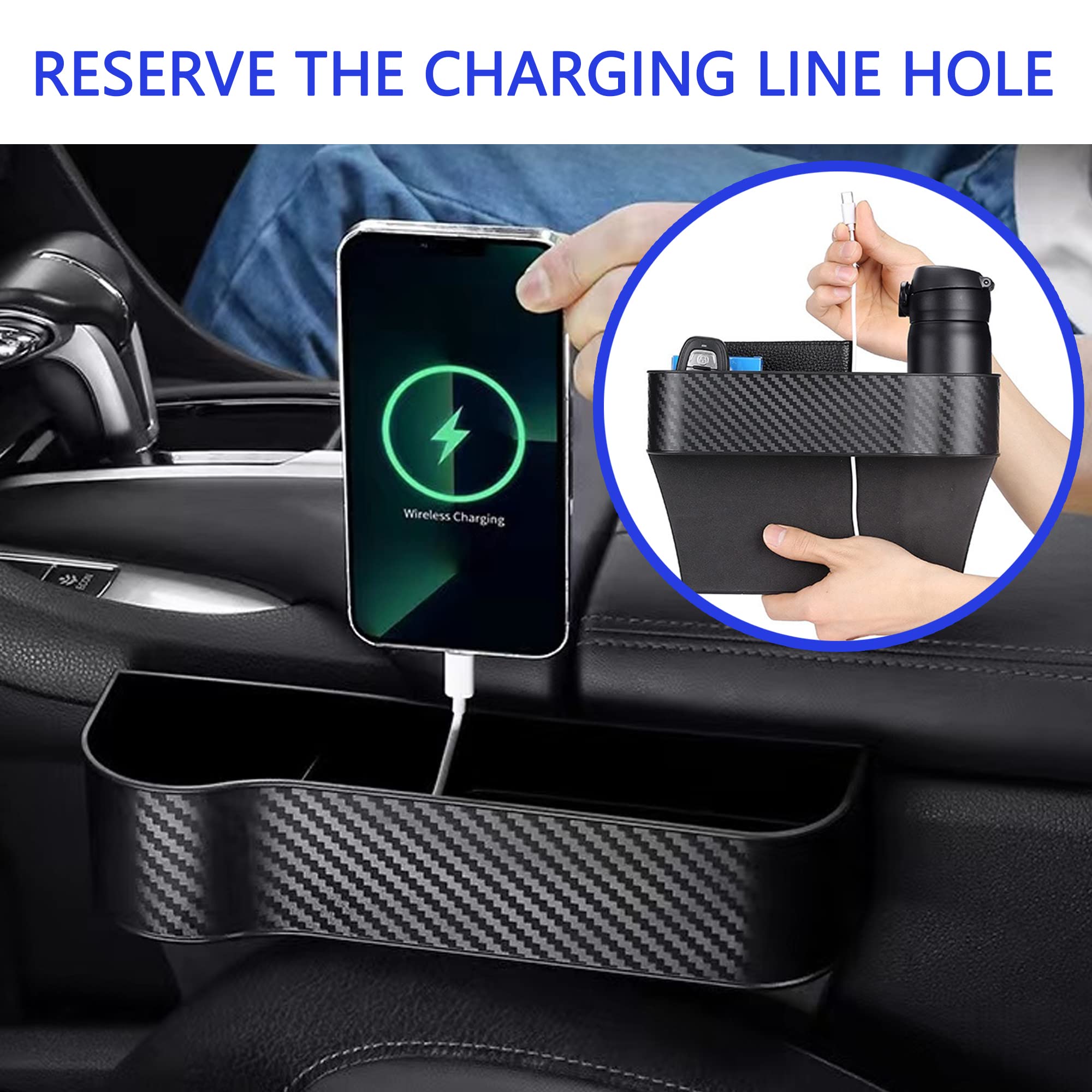Premium Leather Car Seat Gap Filler Organizer - Multifunctional Car Storage Accessory with Carbon Fiber Design (Beige) - Perfect for Phones, Keys & Small Items in SUV, Sedan & Truck