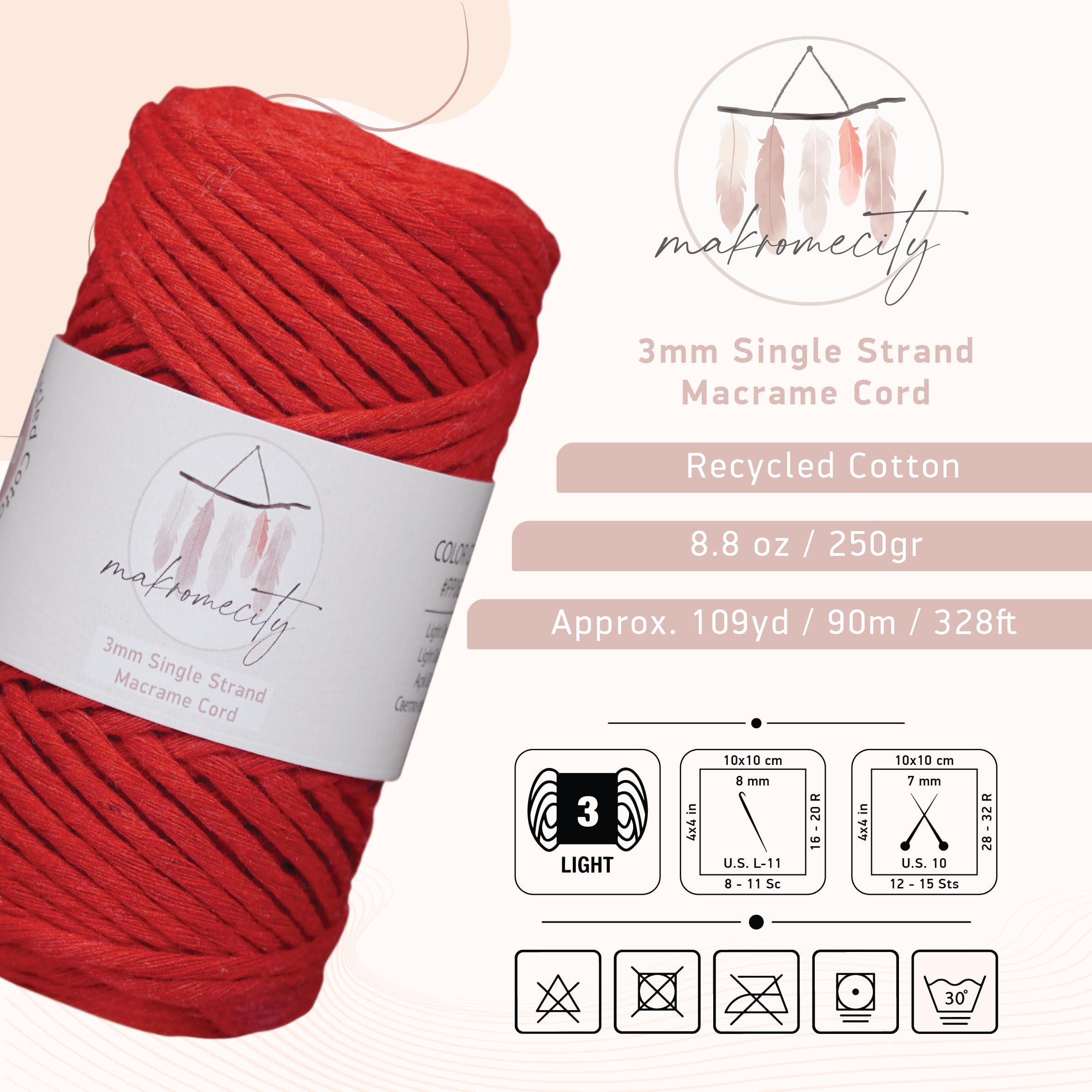 Makromecity 3mm Single Strand Macrame Cord - 100 Yards (300 Feet) Red Twisted Cotton Rope for DIY Wall Hangings, Home Decor, Jewelry Making & Macrame Art Projects - Eco-Friendly Recycled Cotton Yarn (Red, 1 Skein)