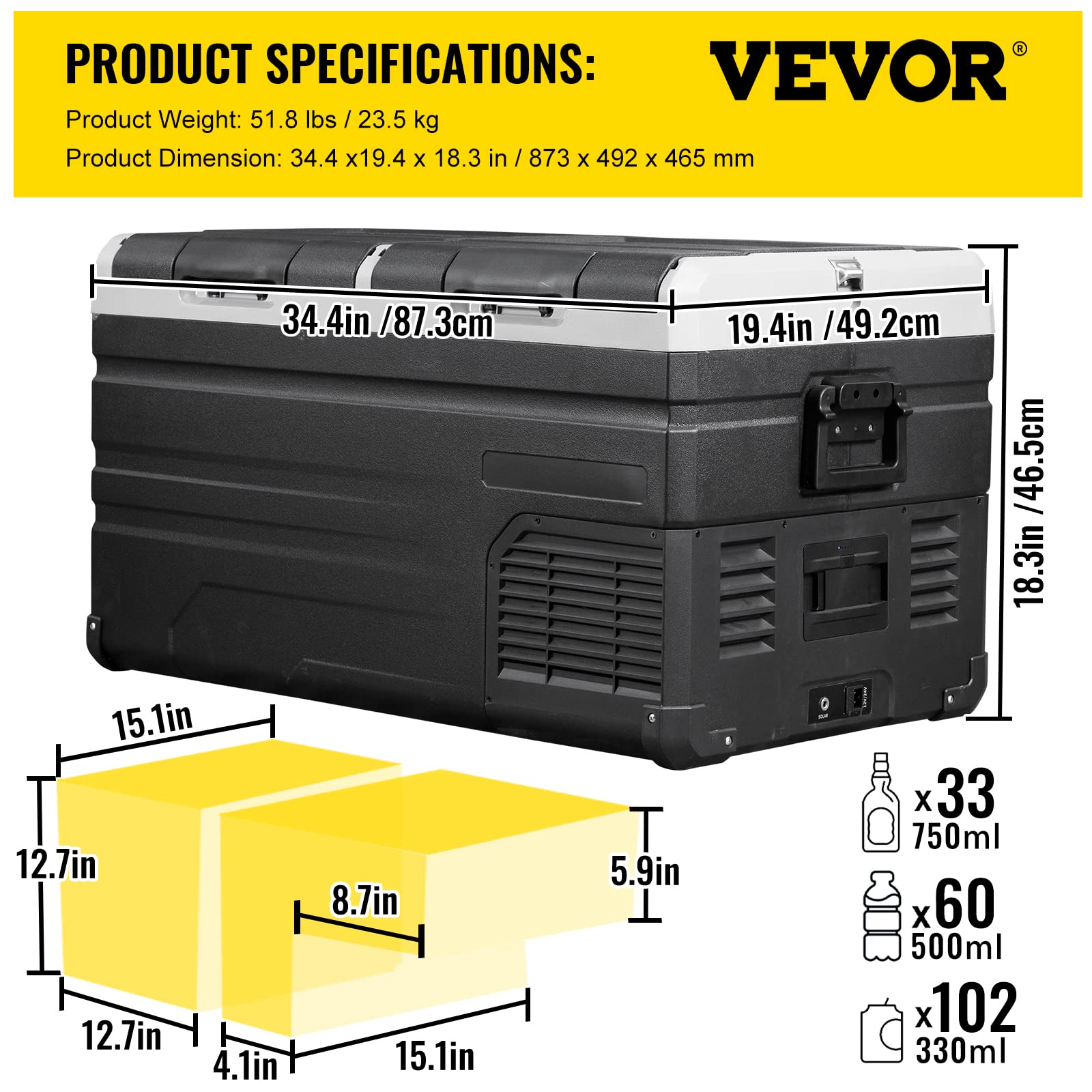 VEVOR 12V/24V DC & 110-240V AC 80 Quart Dual Door Portable Refrigerator Freezer - Electric Compressor Cooler for Truck, RV, Boat, Camping, Travel & Home Use | Compact Fridge for Food, Drinks & Medication Storage