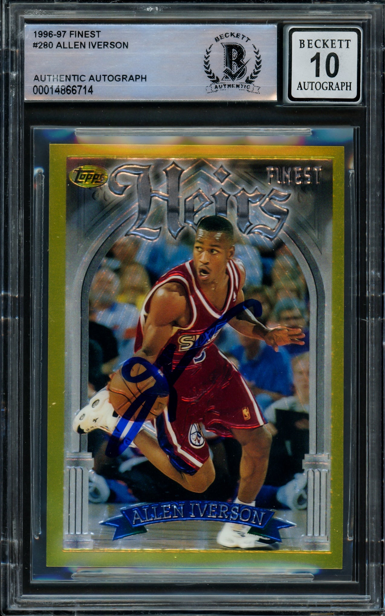 Allen Iverson Autographed 1996-97 Topps Finest Gold Rookie Card #280 - Philadelphia 76ers Auto Beckett Gem Mint 10 (BAS #14866714) - Perfect for NBA Collectors, Sports Memorabilia Displays & Investment Collections