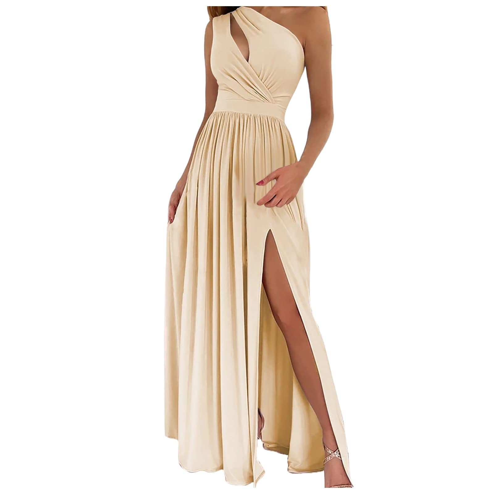 Elegant One Shoulder High Slit Maxi Dress for Women - Summer Sleeveless Ruched Party Dress, Casual Hollow Out Long Dresses for Beach, Wedding & Evening Events